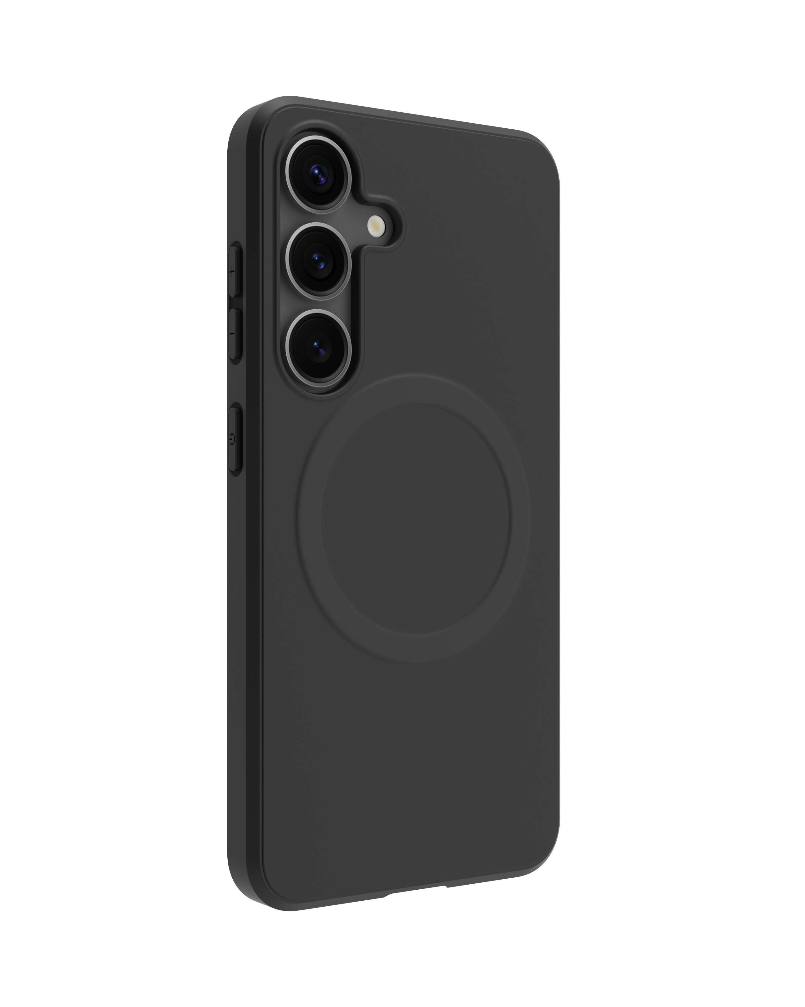 Una custodia nera per telefono con un attacco magnetico circolare sul retro. Ha tre obiettivi.