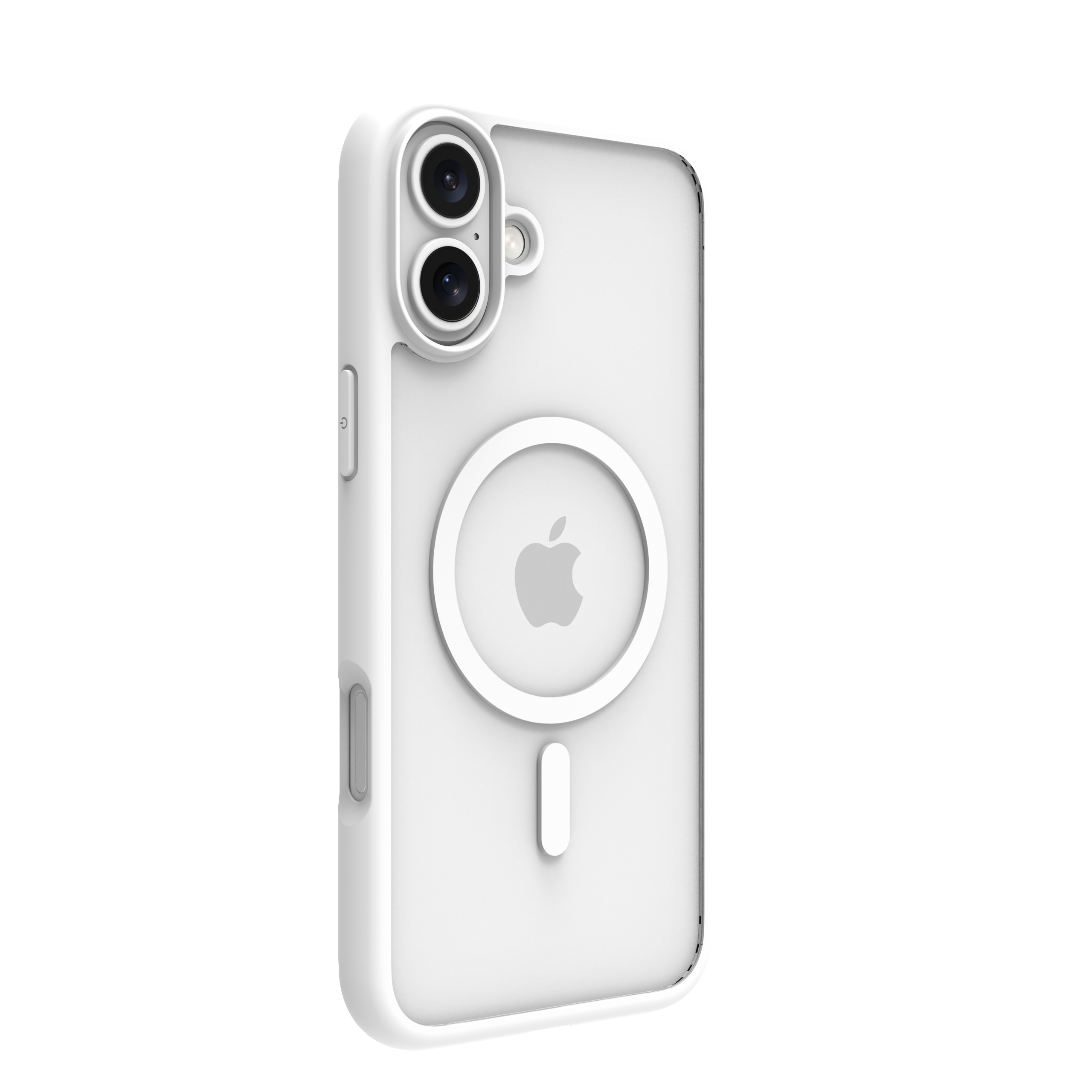Una custodia bianca per telefono con ritagli per la fotocamera e logo Apple. La custodia è su sfondo bianco.