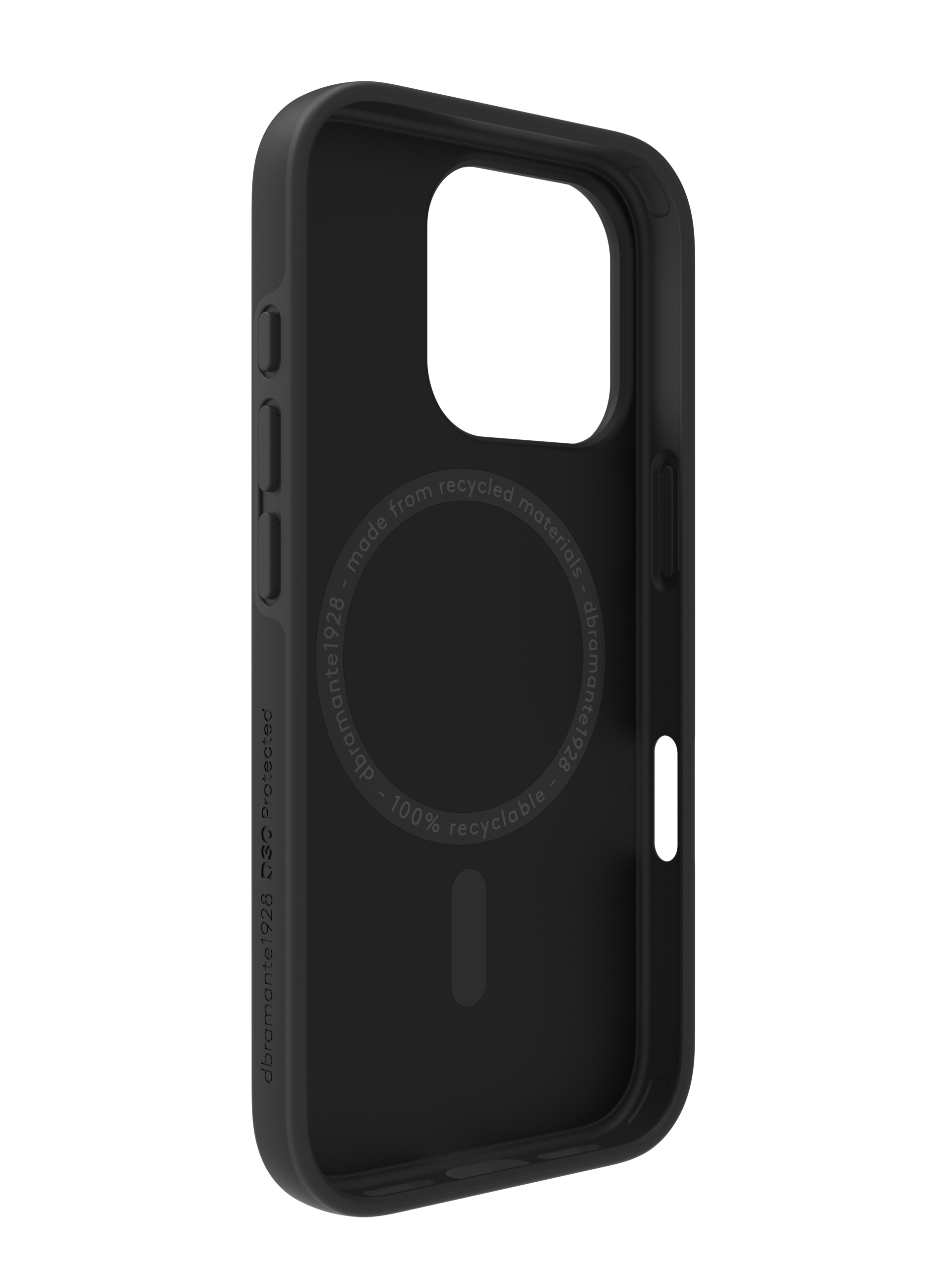 Custodia nera per telefono con ritaglio per la fotocamera. Testo: realizzato con materiali riciclati, 100% riciclabile. Marchio visibile.