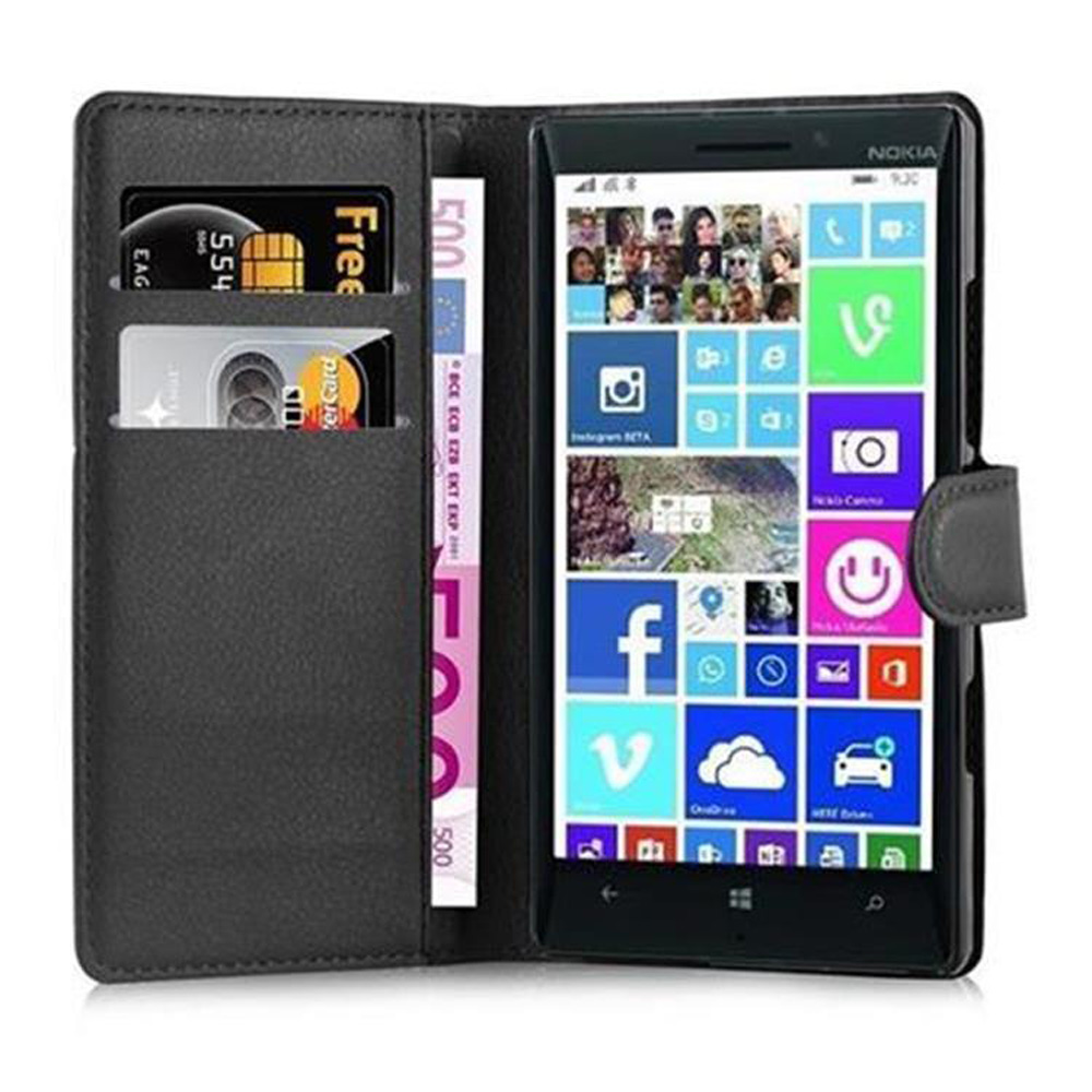Un telefono Nokia in una custodia a portafoglio nera. Il telefono mostra le icone delle app. Sono visibili carte di credito e una banconota da 500 euro.