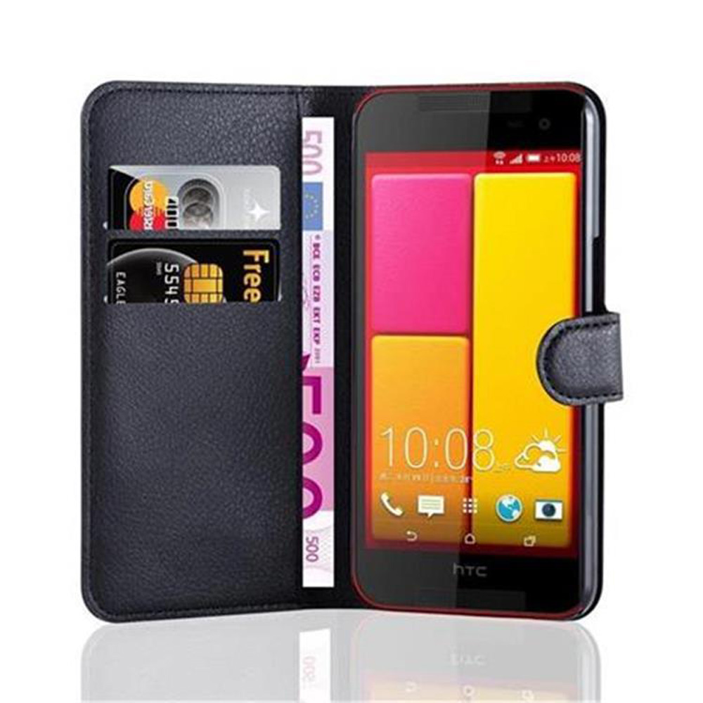 Smartphone in schwarzem Wallet-Case. Auf dem Bildschirm sind rosa, orange und gelbe Blöcke zu sehen. Kreditkarten und ein 500-Euro-Schein sind sichtbar.