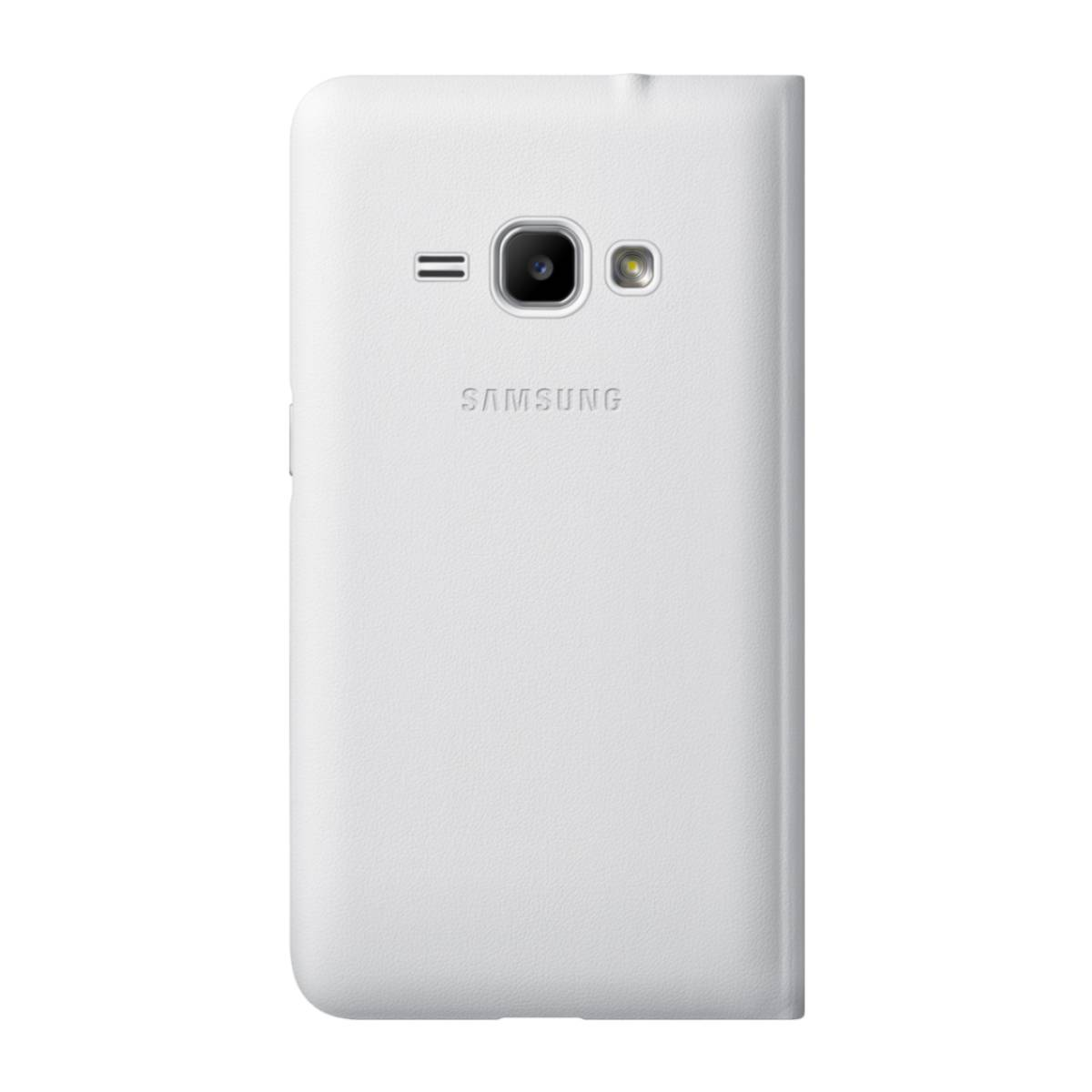 Una cover posteriore bianca per telefono Samsung. Ha una fotocamera, un flash e il logo Samsung. La cover è bianca.