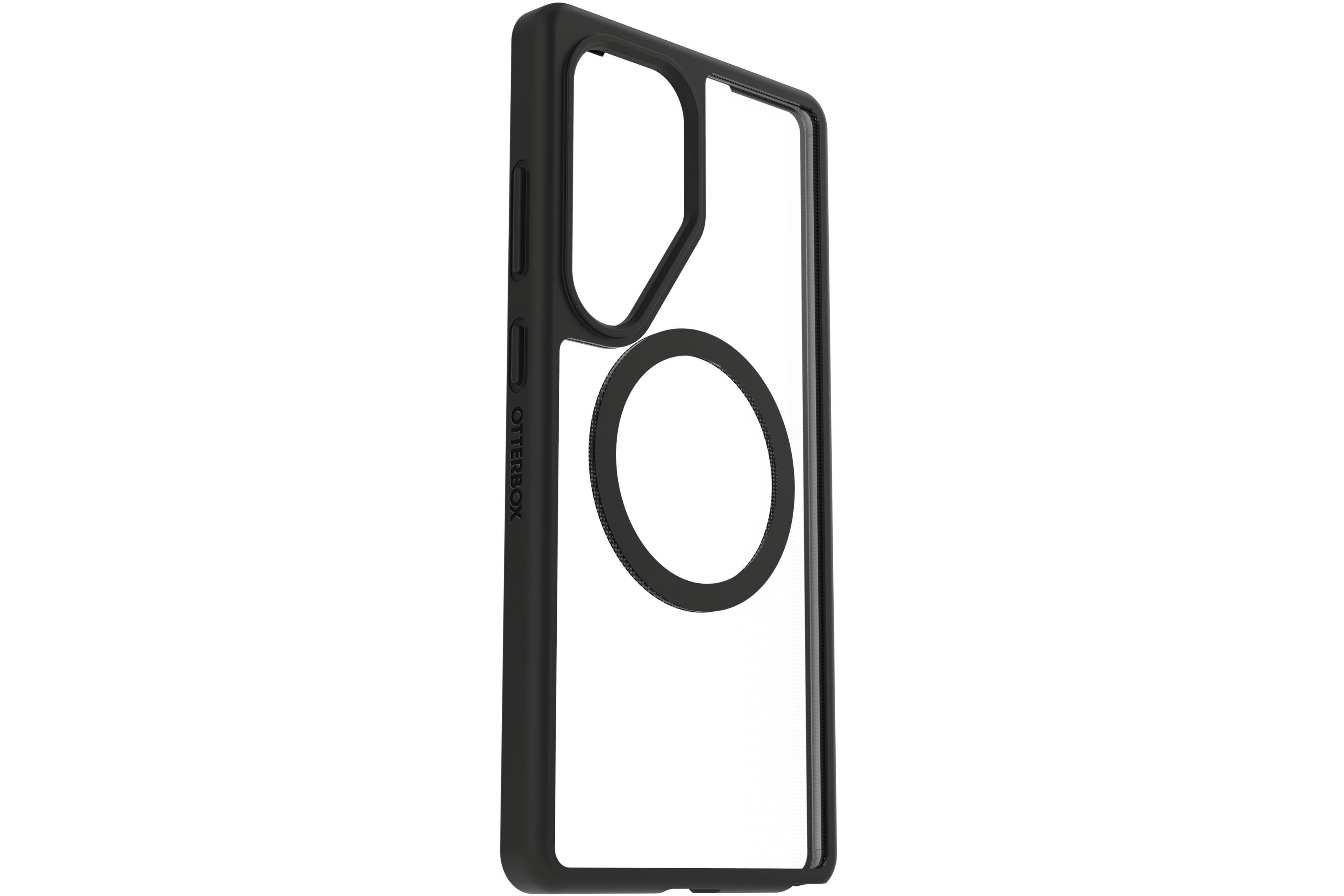 Custodia nera per telefono con centro trasparente, anello magnetico circolare e marchio OtterBox sul lato, su sfondo bianco.