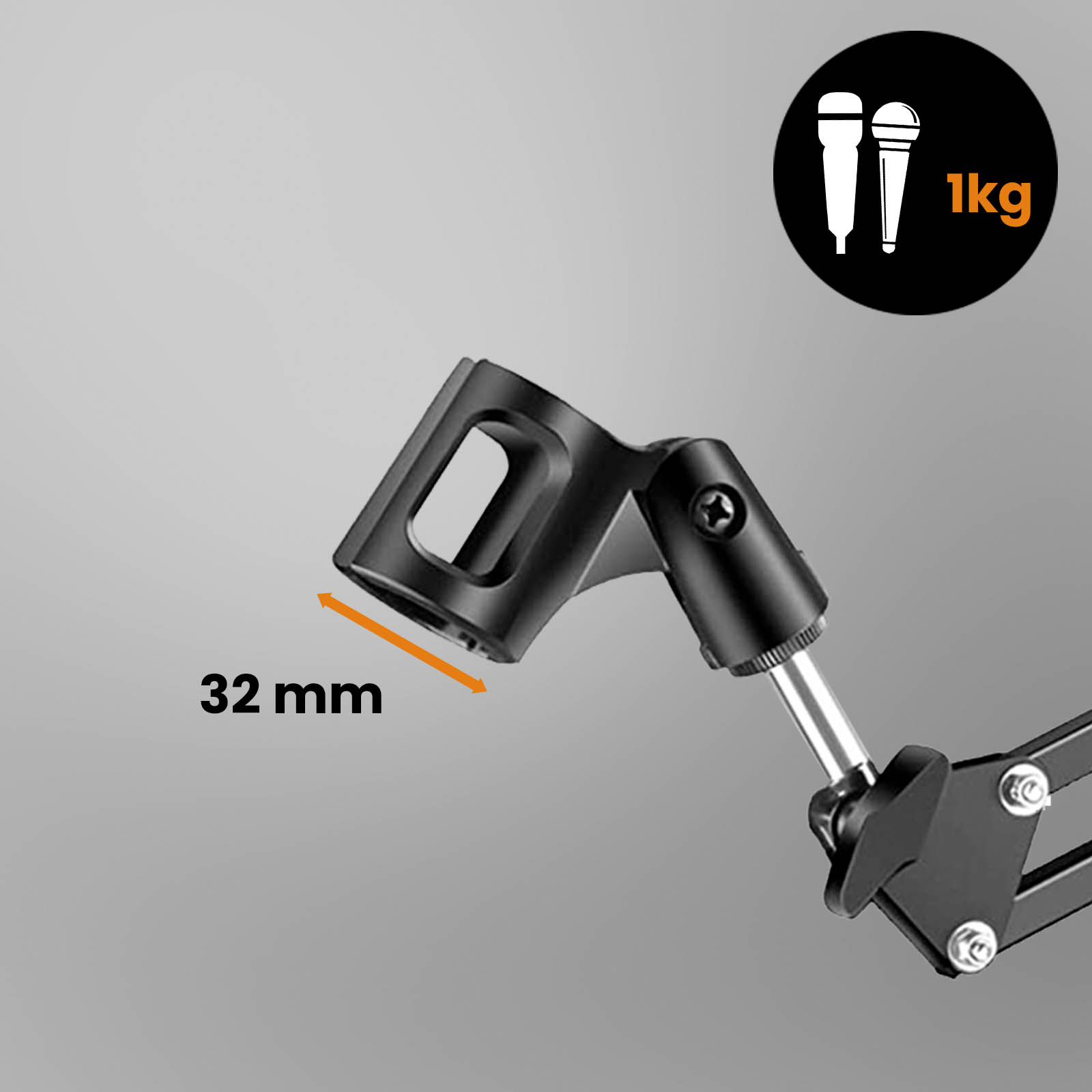 Un soporte de micrófono negro con una medida de 32 mm. Un círculo negro con dos iconos de micrófono y 1 kg escrito.