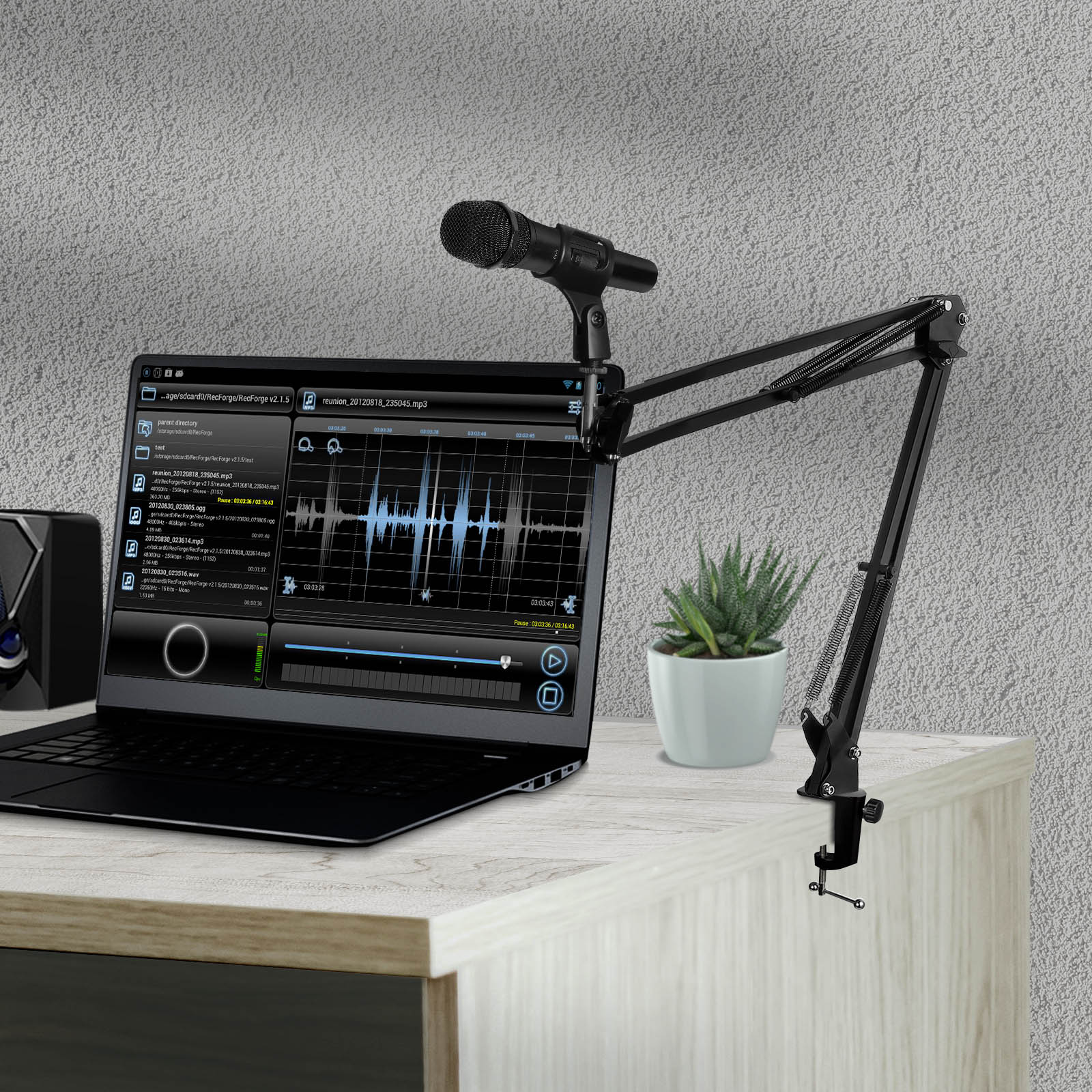 Un portátil muestra un software de edición de audio. Un micrófono y soporte están en un escritorio con una planta.