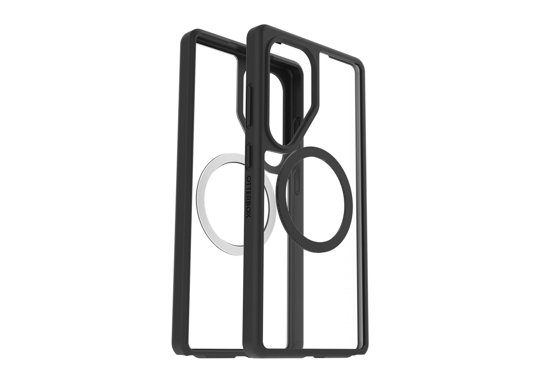 Due custodie nere Otterbox con retro trasparente, una con anello magnetico, su sfondo nero.