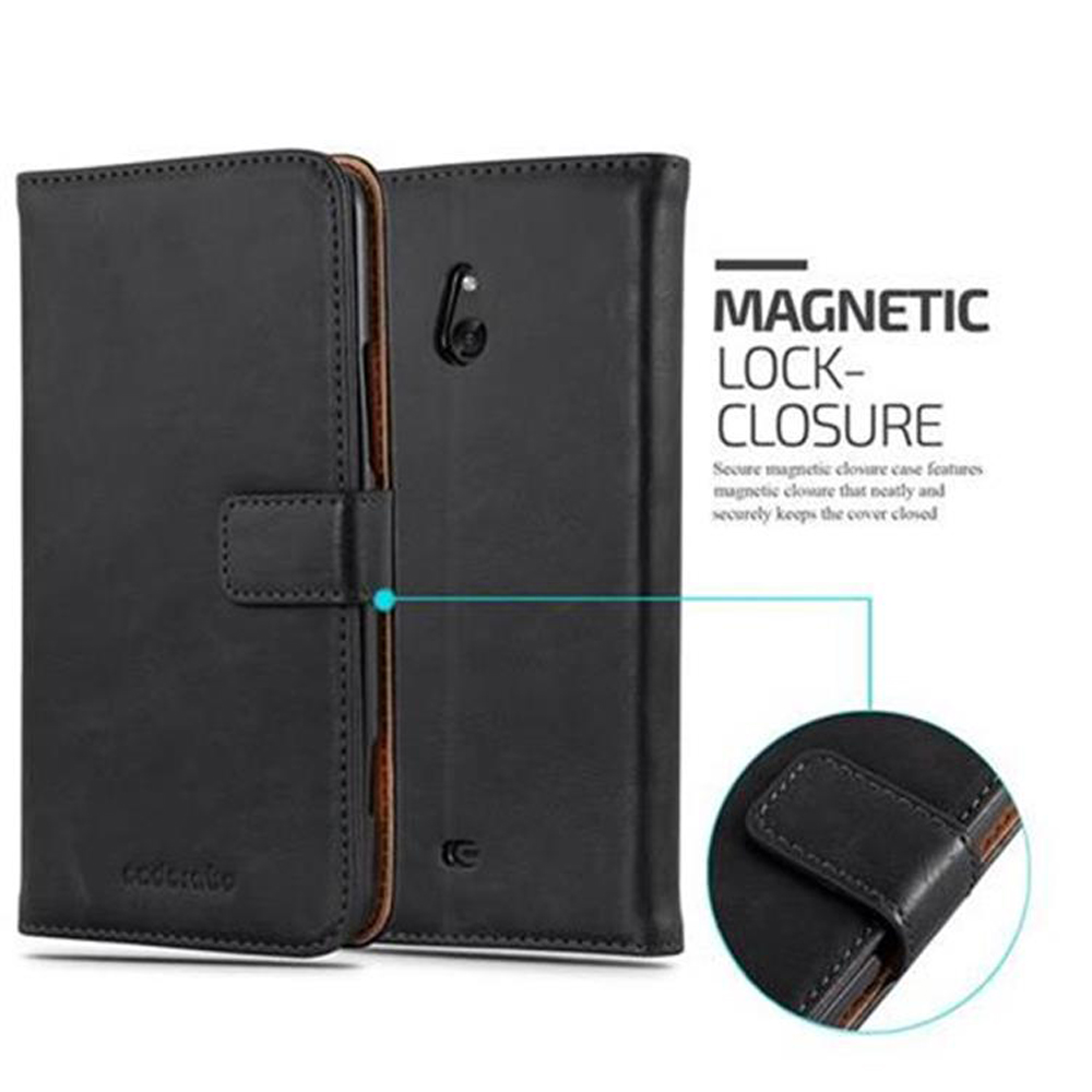 Custodia per telefono in pelle nera con chiusura magnetica. Con chiusura e testo 'MAGNETIC LOCK-CLOSURE'.