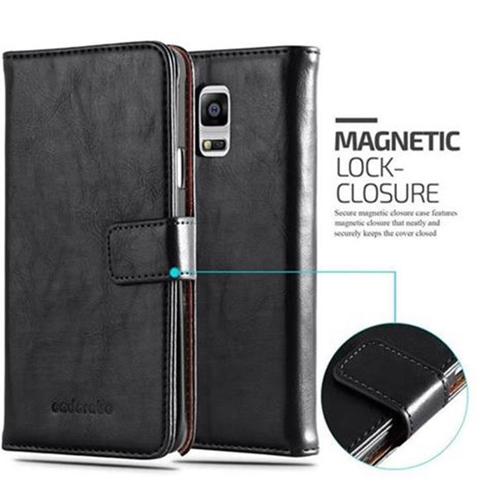Custodia per telefono in pelle nera con chiusura magnetica. La custodia è aperta, mostrando l'interno e la fotocamera del telefono.