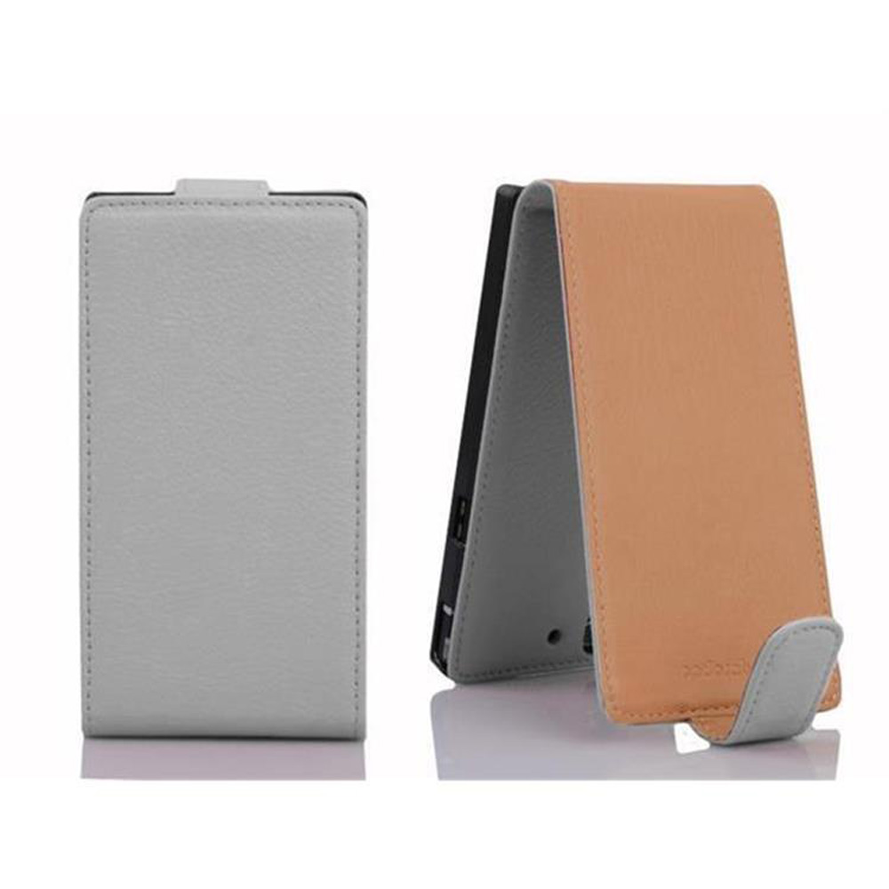 Dos fundas para teléfono. Una gris, cerrada. La otra, marrón claro y gris, abierta, mostrando el interior.