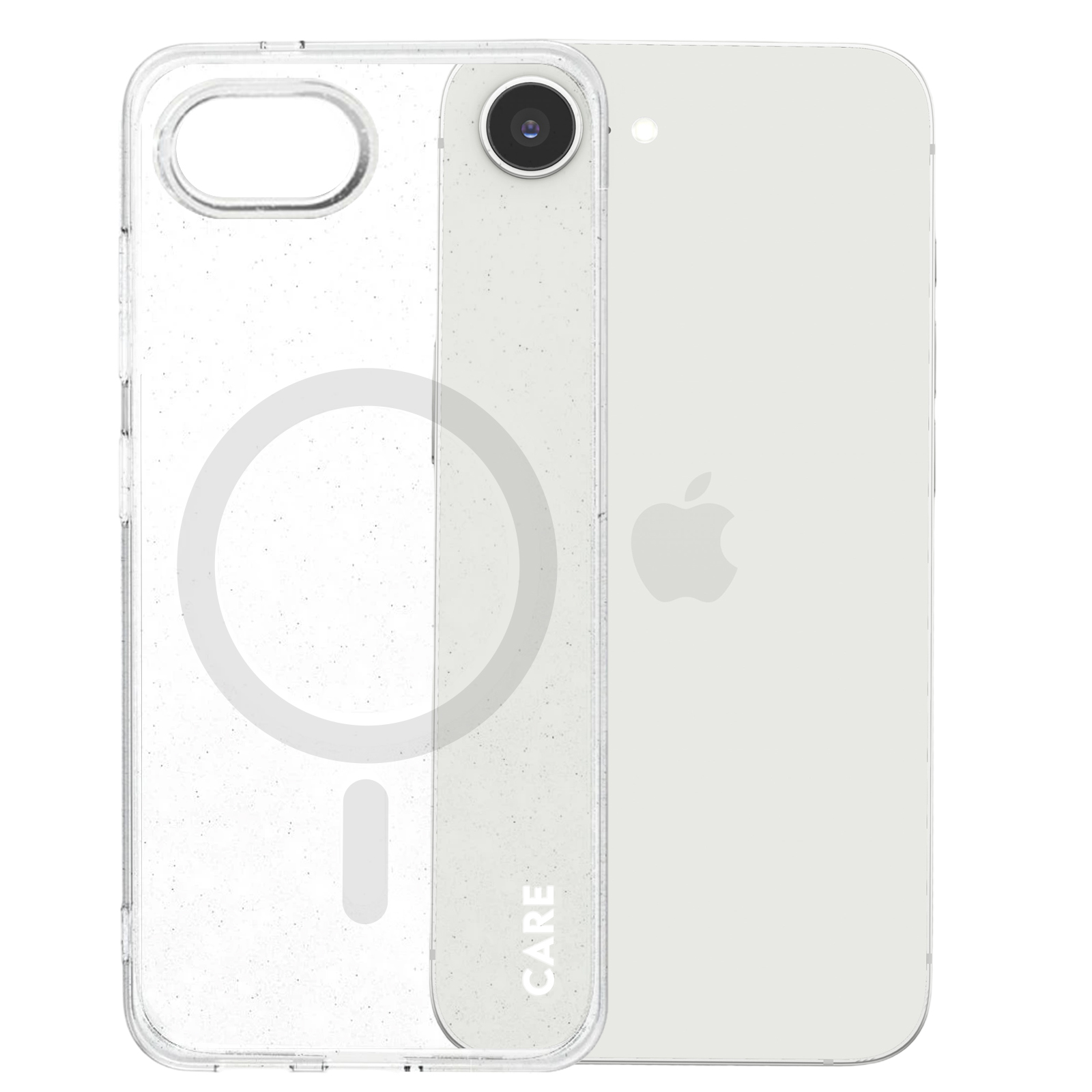 Coque de téléphone transparente avec un téléphone blanc. La coque a un cercle magnétique et le téléphone un logo Apple.