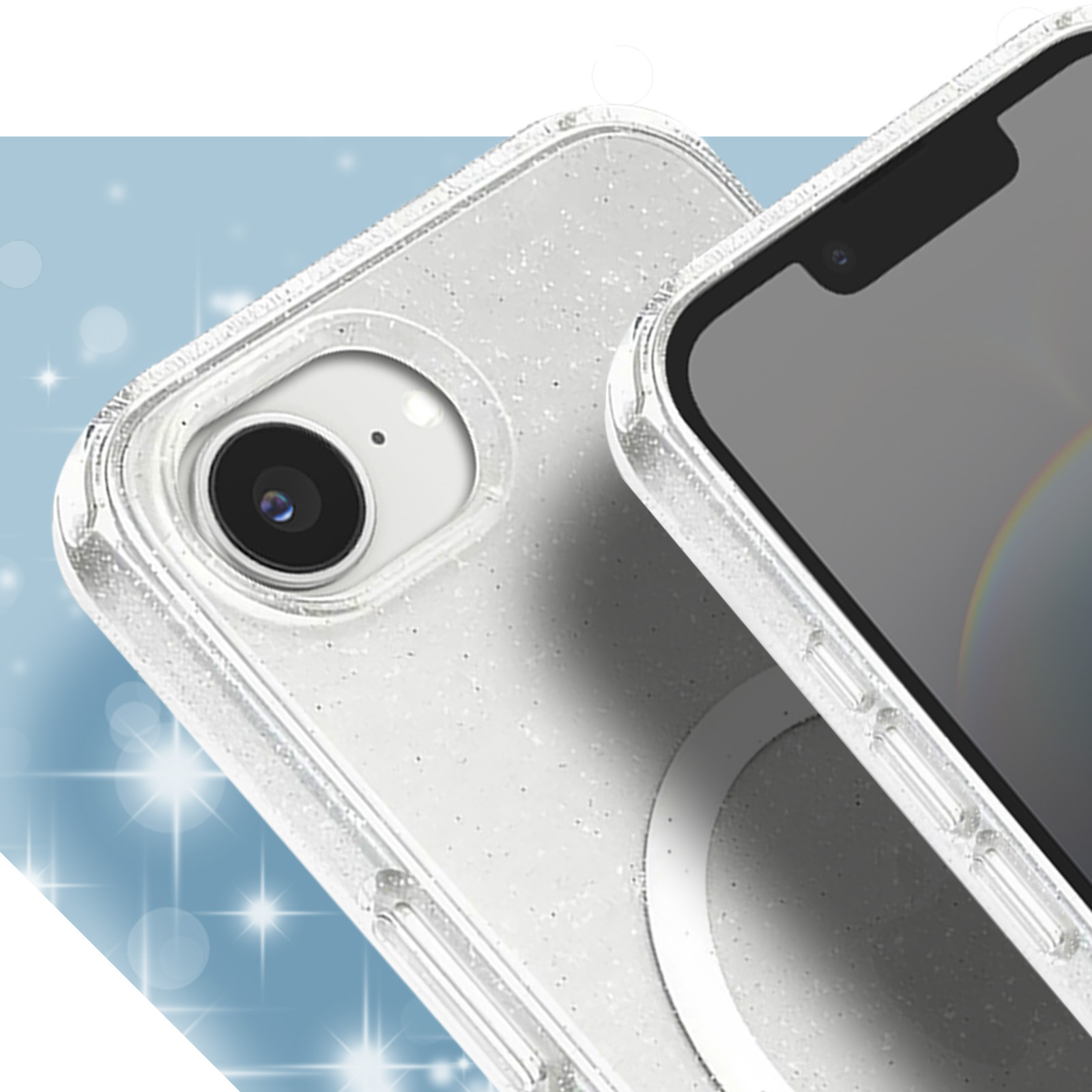 Gros plan de deux coques de téléphone transparentes avec effet pailleté. L'une affiche un objectif. Fond bleu clair avec des étincelles.