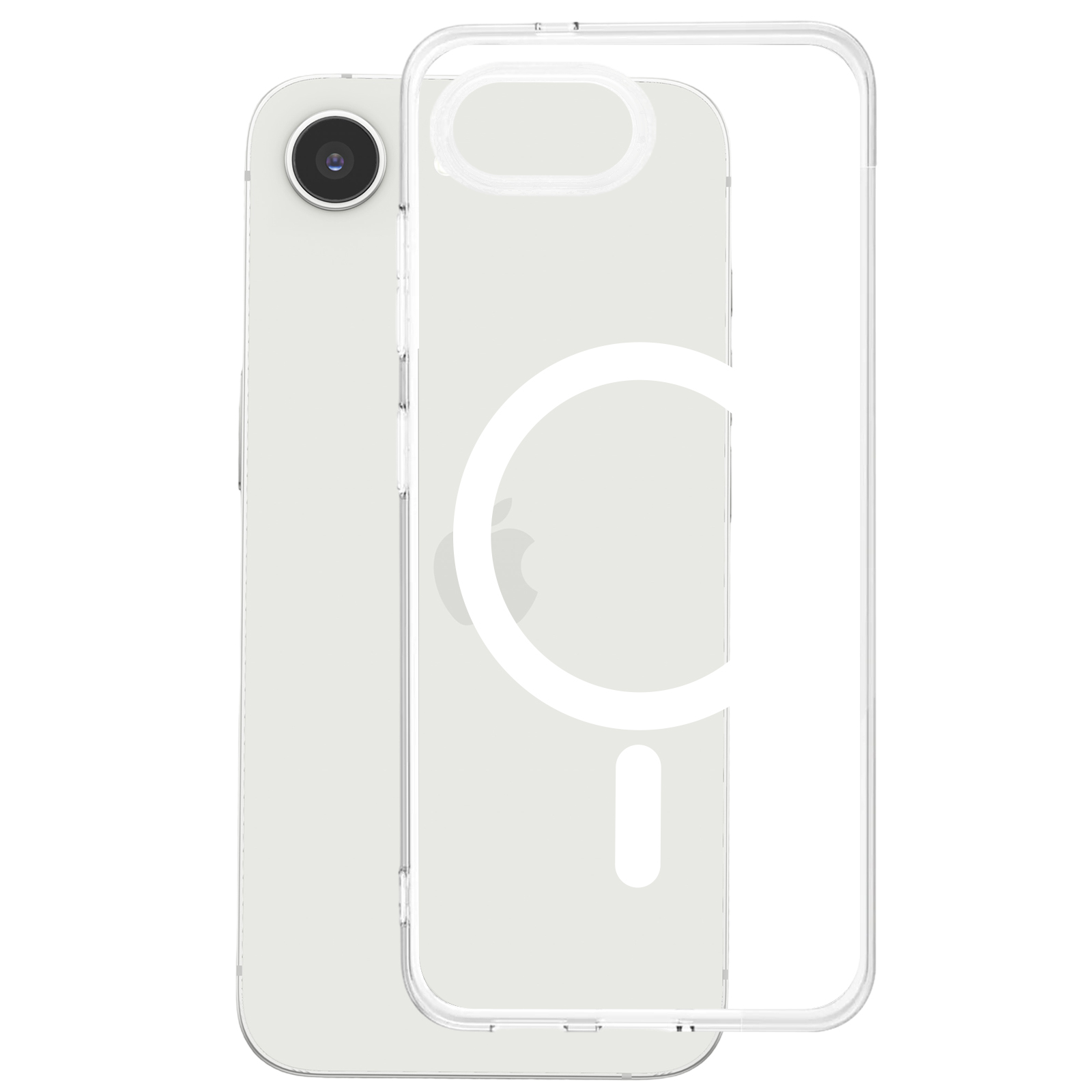 Un iPhone con una custodia trasparente. Il telefono è grigio chiaro con una fotocamera nera. La custodia ha un anello bianco e una linea.