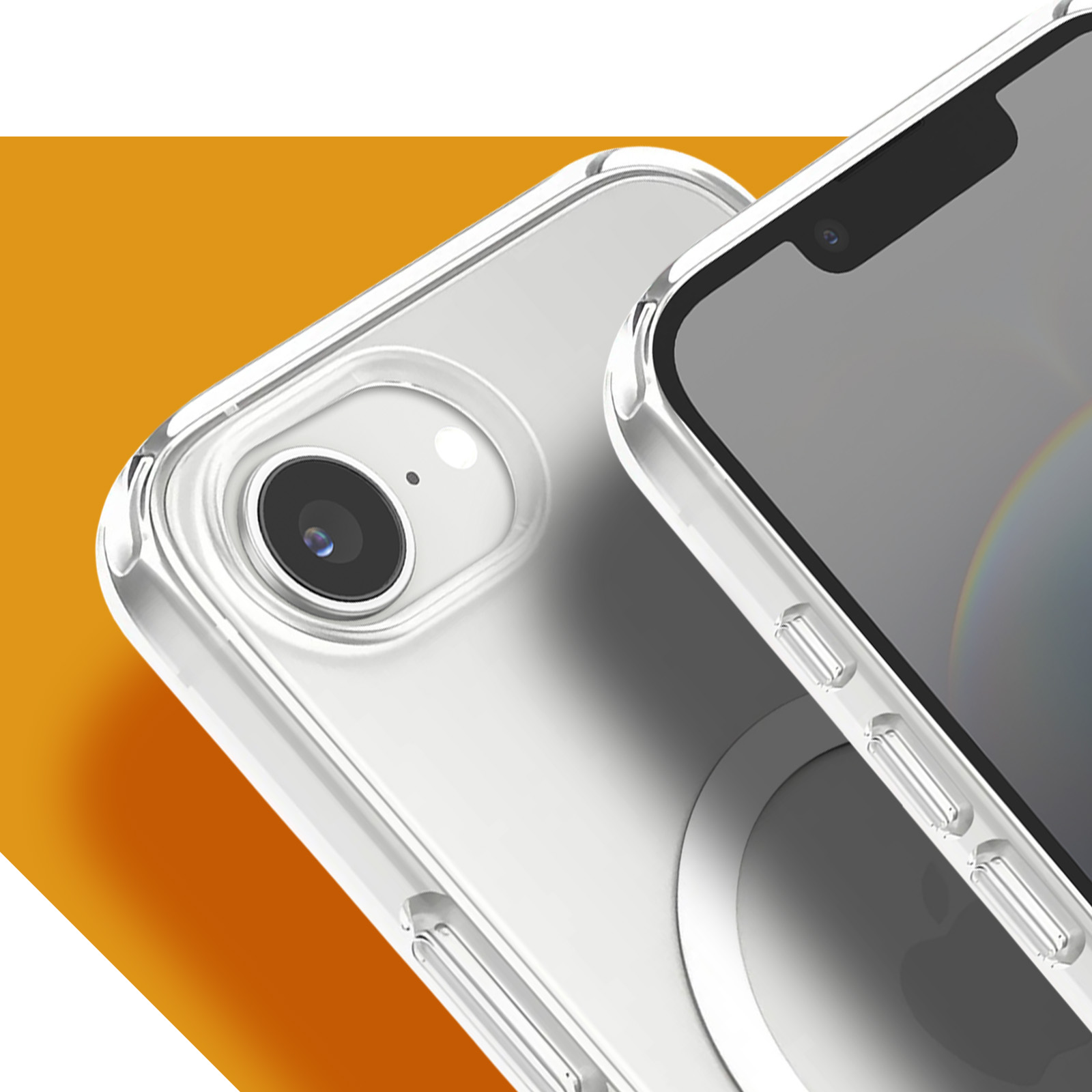Primo piano di due smartphone con custodie trasparenti. La fotocamera di un telefono è visibile. Lo sfondo è arancione e bianco.