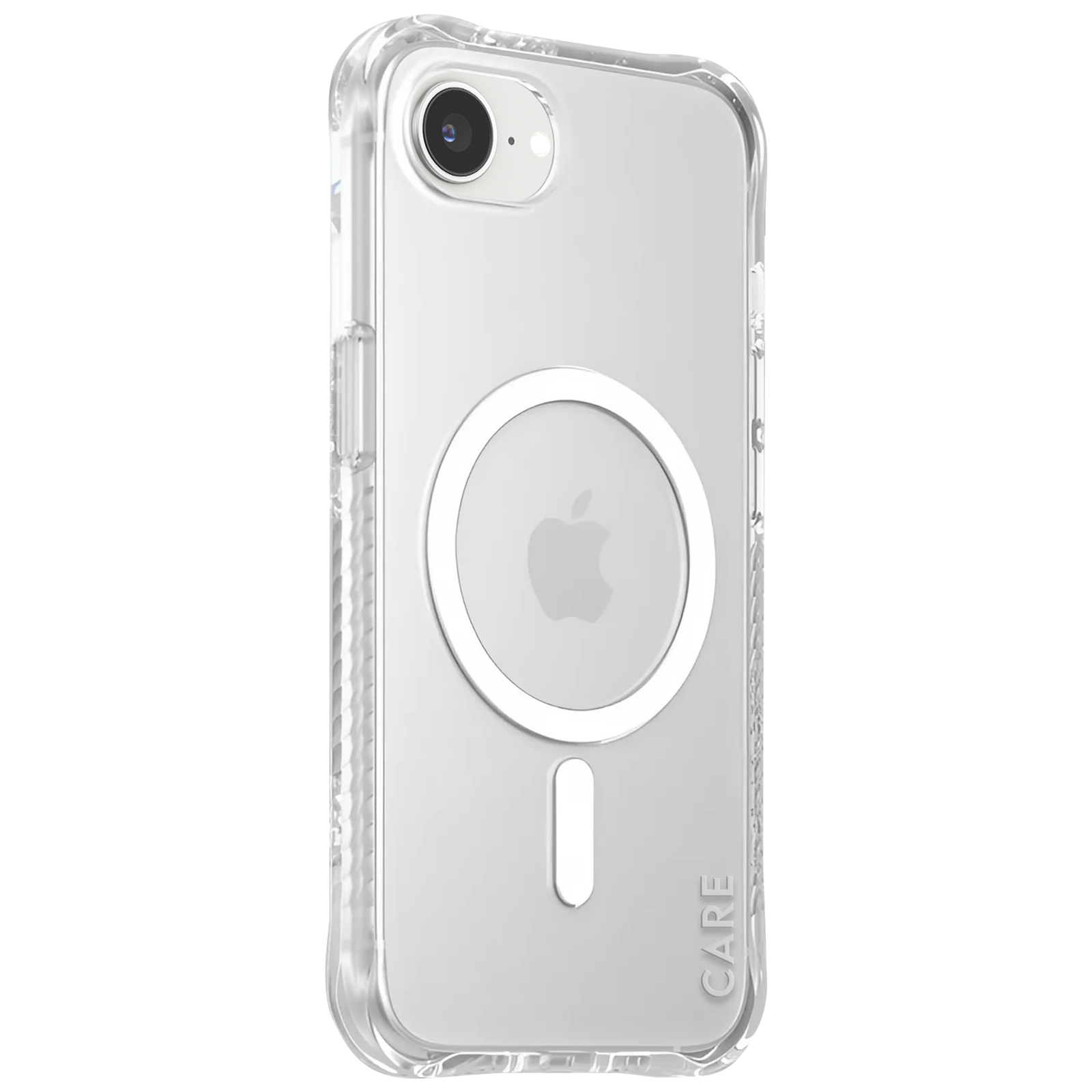 Custodia trasparente per iPhone con anello MagSafe bianco e logo Apple. La custodia ha un ritaglio per la fotocamera e la scritta CARE.
