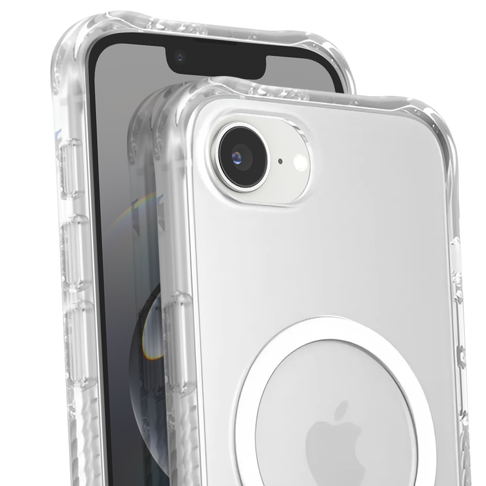 Primo piano di un telefono in una custodia trasparente. Il telefono ha una fotocamera e il logo Apple. La custodia ha un anello.