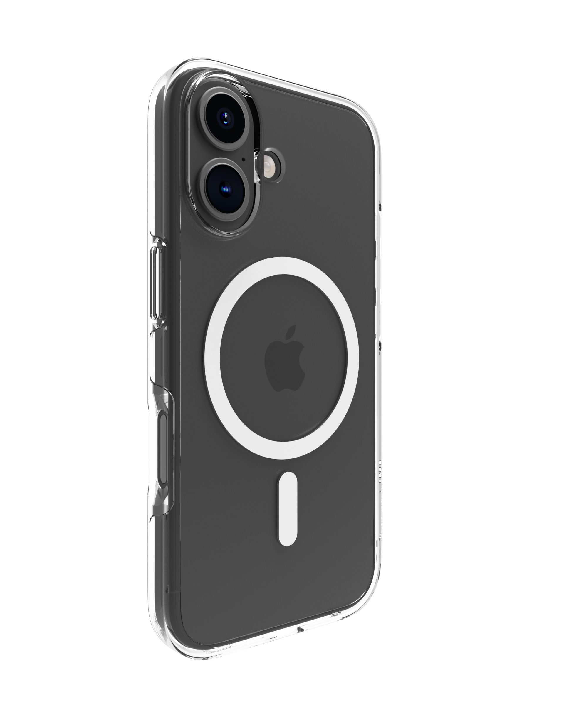 Custodia trasparente per iPhone con retro nero. Ha un anello MagSafe bianco e un piccolo rettangolo bianco sotto.