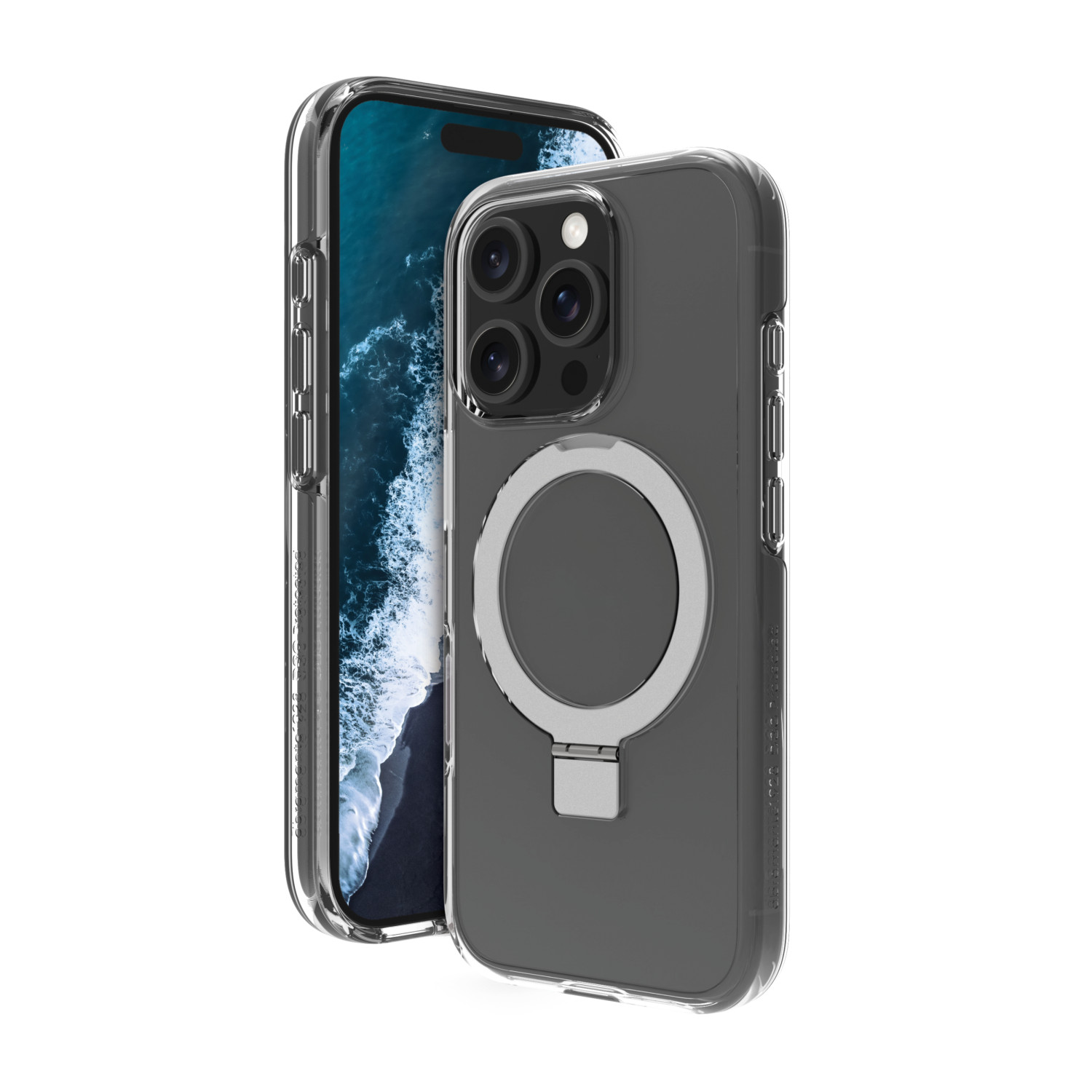 Due smartphone, uno con custodia trasparente, l'altro con custodia scura e anello. Entrambi mostrano un'immagine dell'oceano.