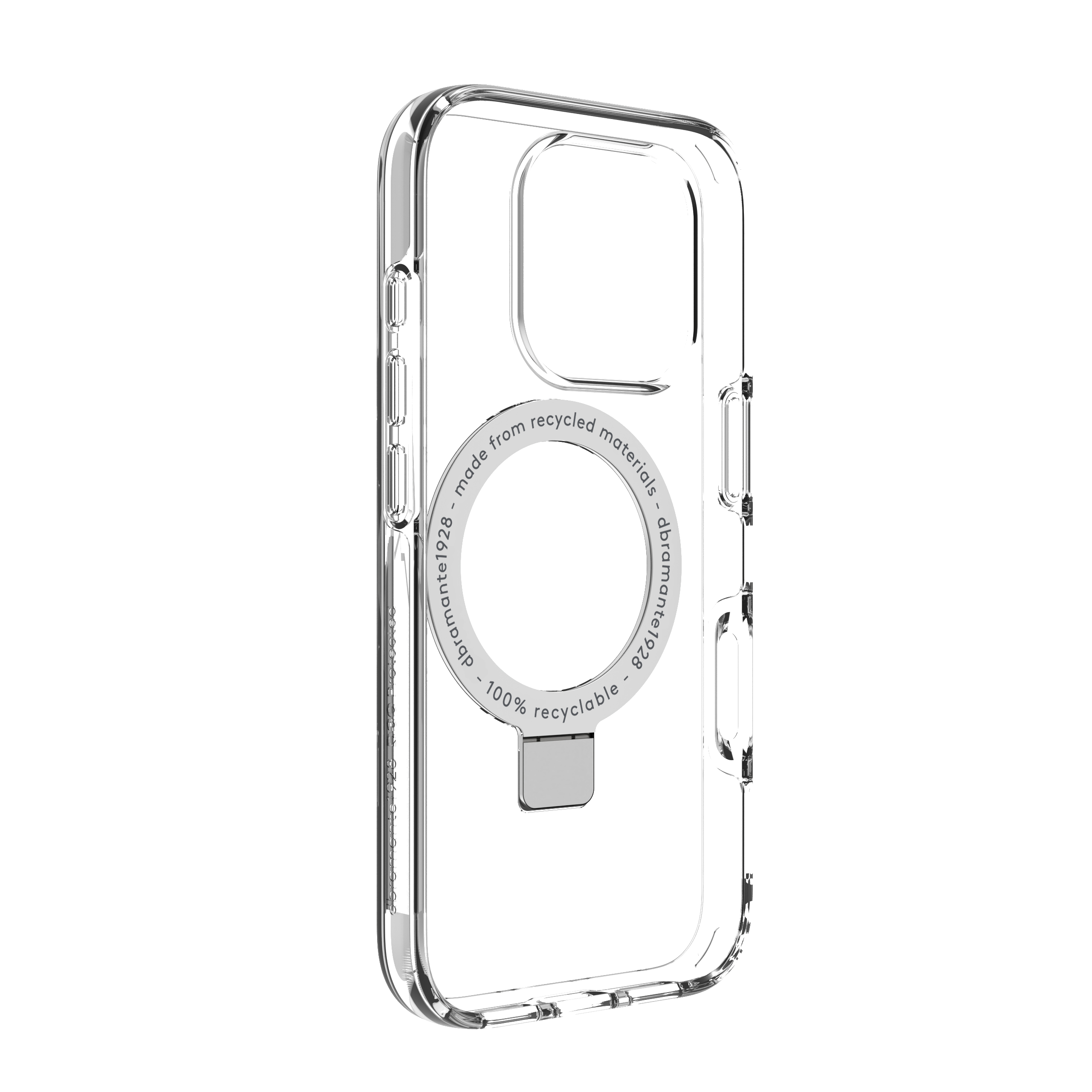 Custodia trasparente per telefono. Ha un'area circolare con testo: "realizzato con materiali riciclati - dbramante1928 - 100% riciclabile".