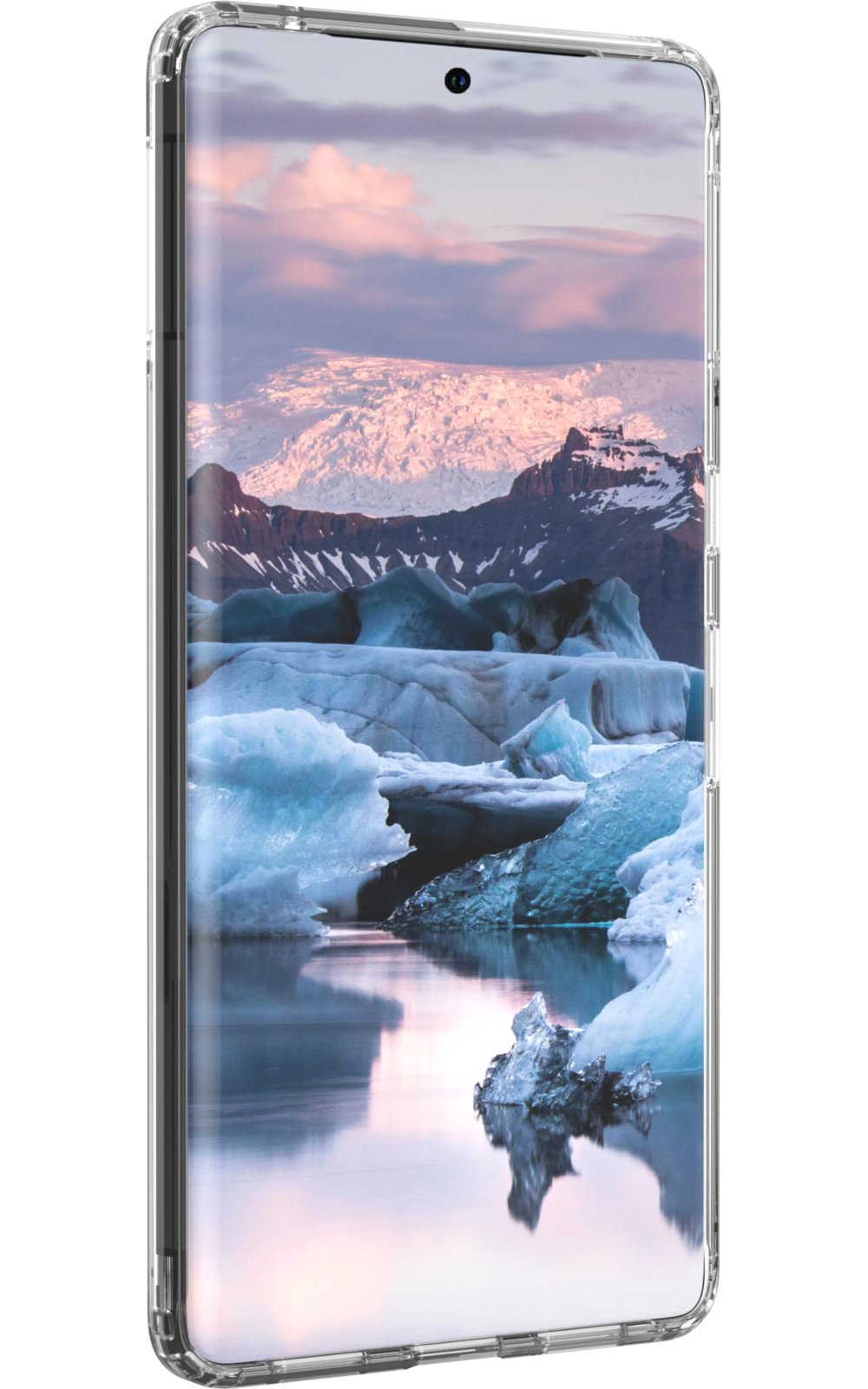 Un telefono mostra un paesaggio con ghiacciai, montagne e un lago. Il cielo ha sfumature rosa e viola.