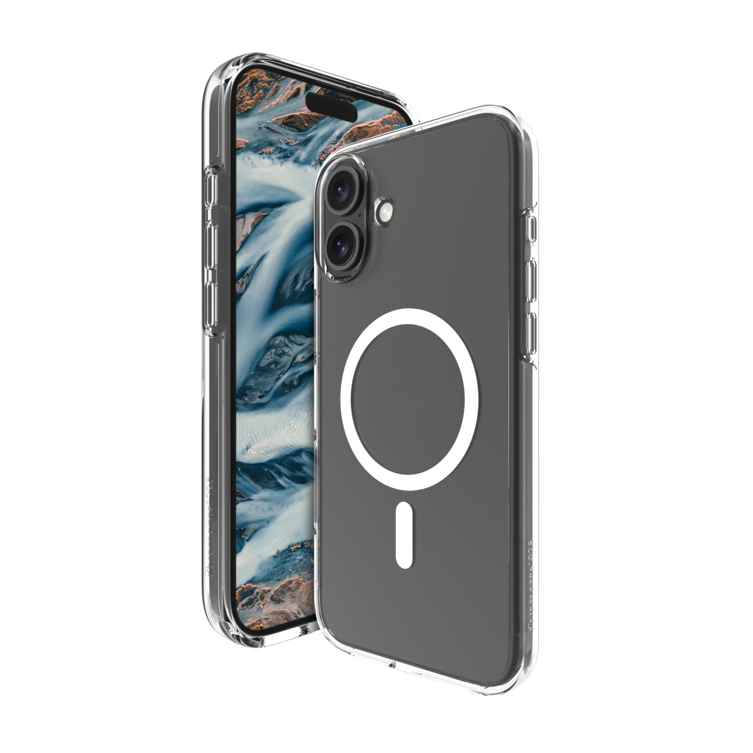 Una custodia trasparente con un telefono dentro e un'altra custodia accanto. Lo schermo mostra un'immagine del paesaggio.