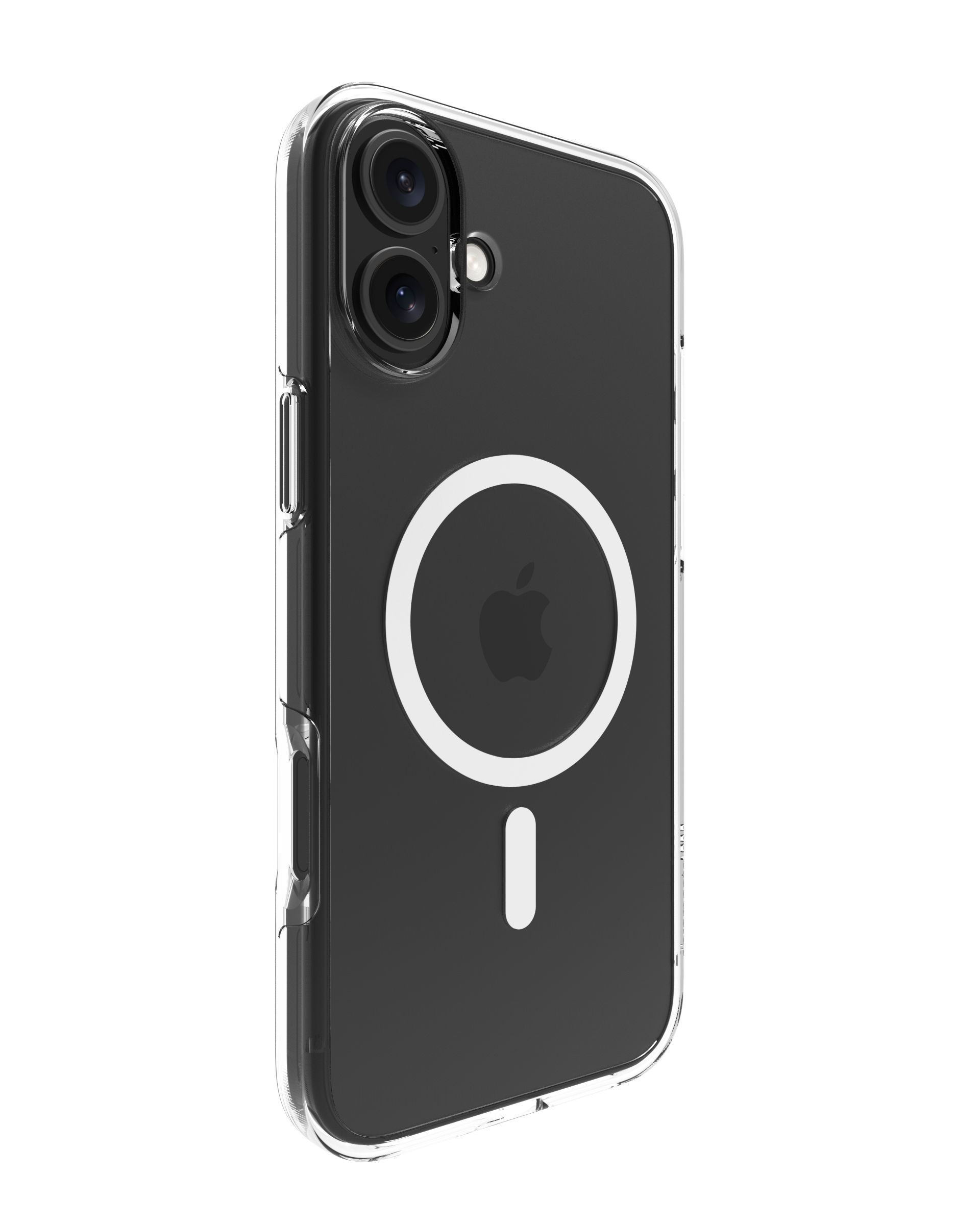 Una custodia trasparente, interno nero, due fotocamere, cerchio bianco e segno meno.