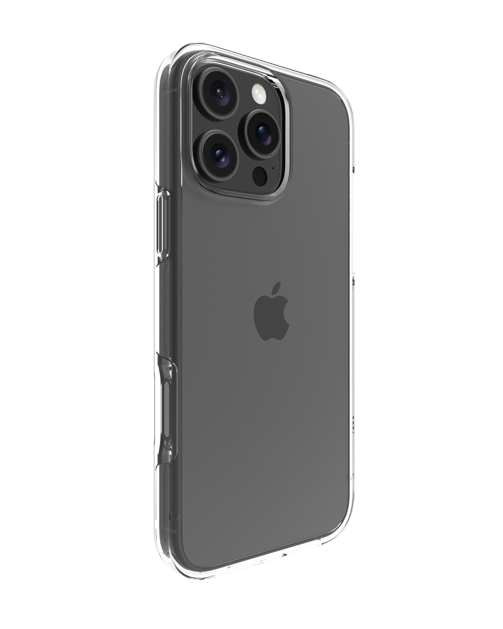 Una custodia trasparente copre un iPhone grigio. La custodia ha un paraurti trasparente. Il telefono ha tre fotocamere.