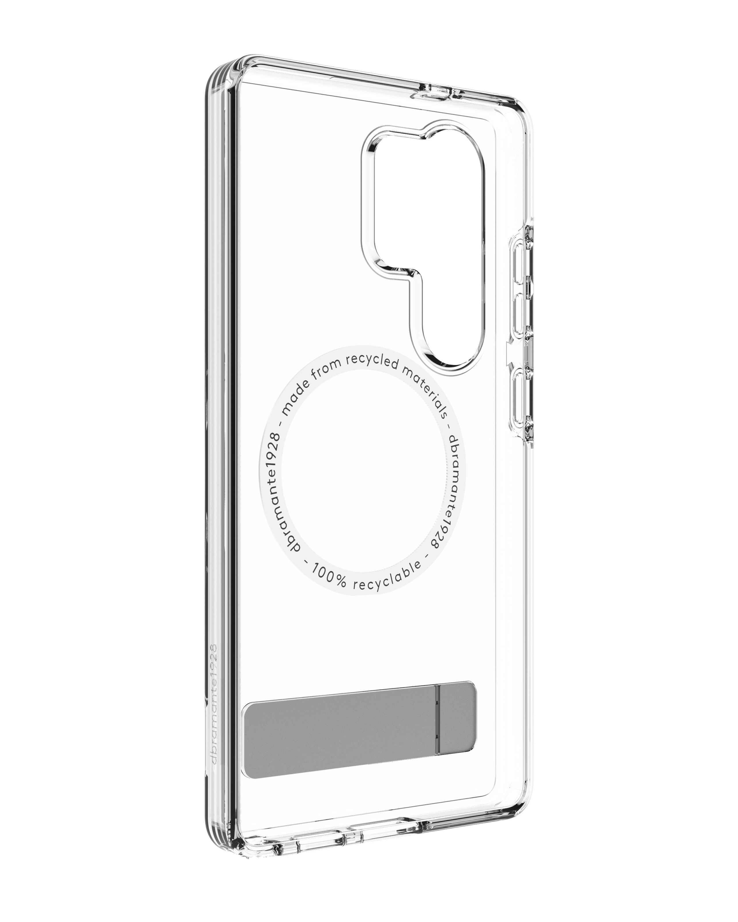 Custodia trasparente per telefono. Ha il marchio e il testo: realizzata con materiali riciclati, riciclabile al 100%. Un supporto è in basso.