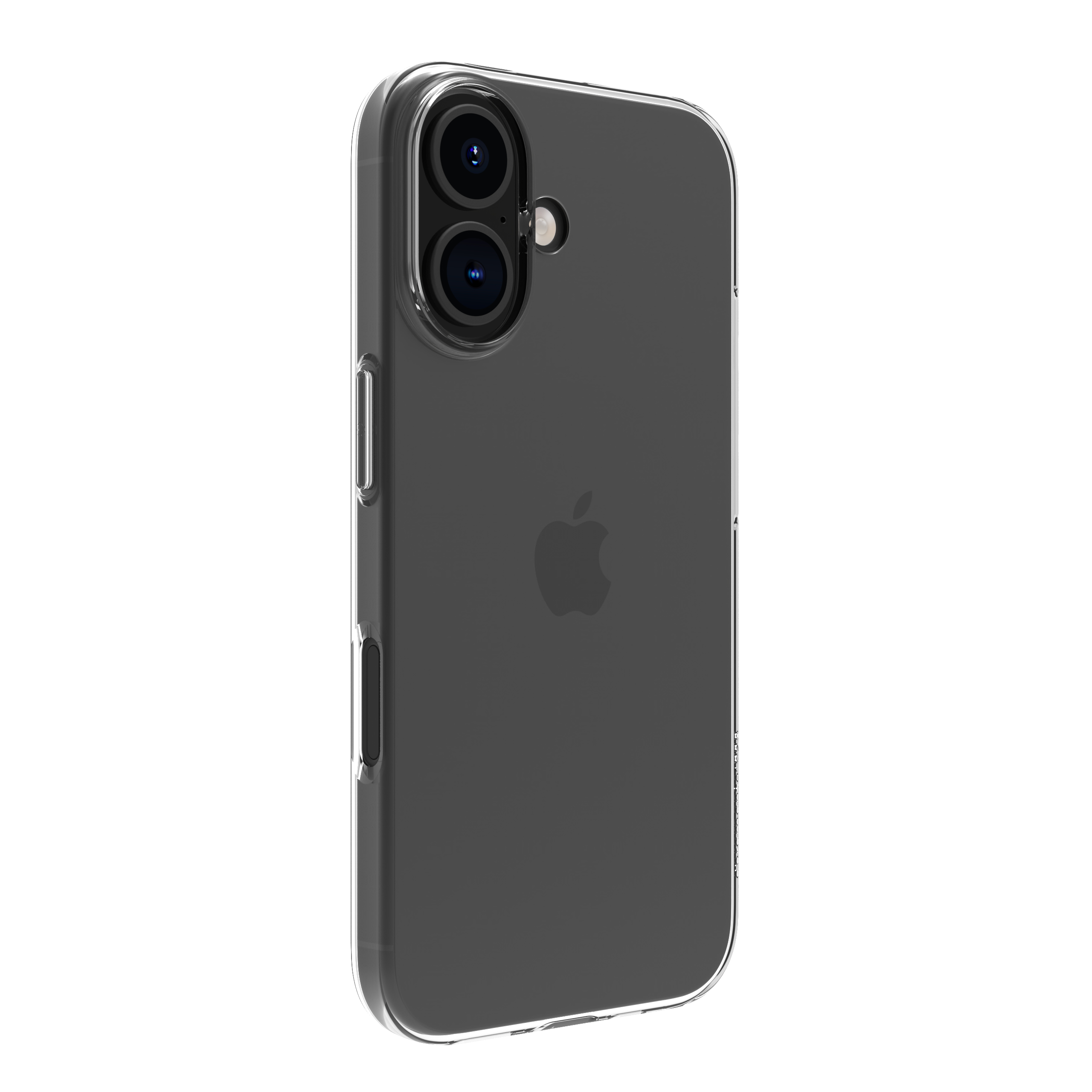 Una custodia trasparente copre un iPhone nero. Doppie fotocamere visibili. Logo Apple sul retro.