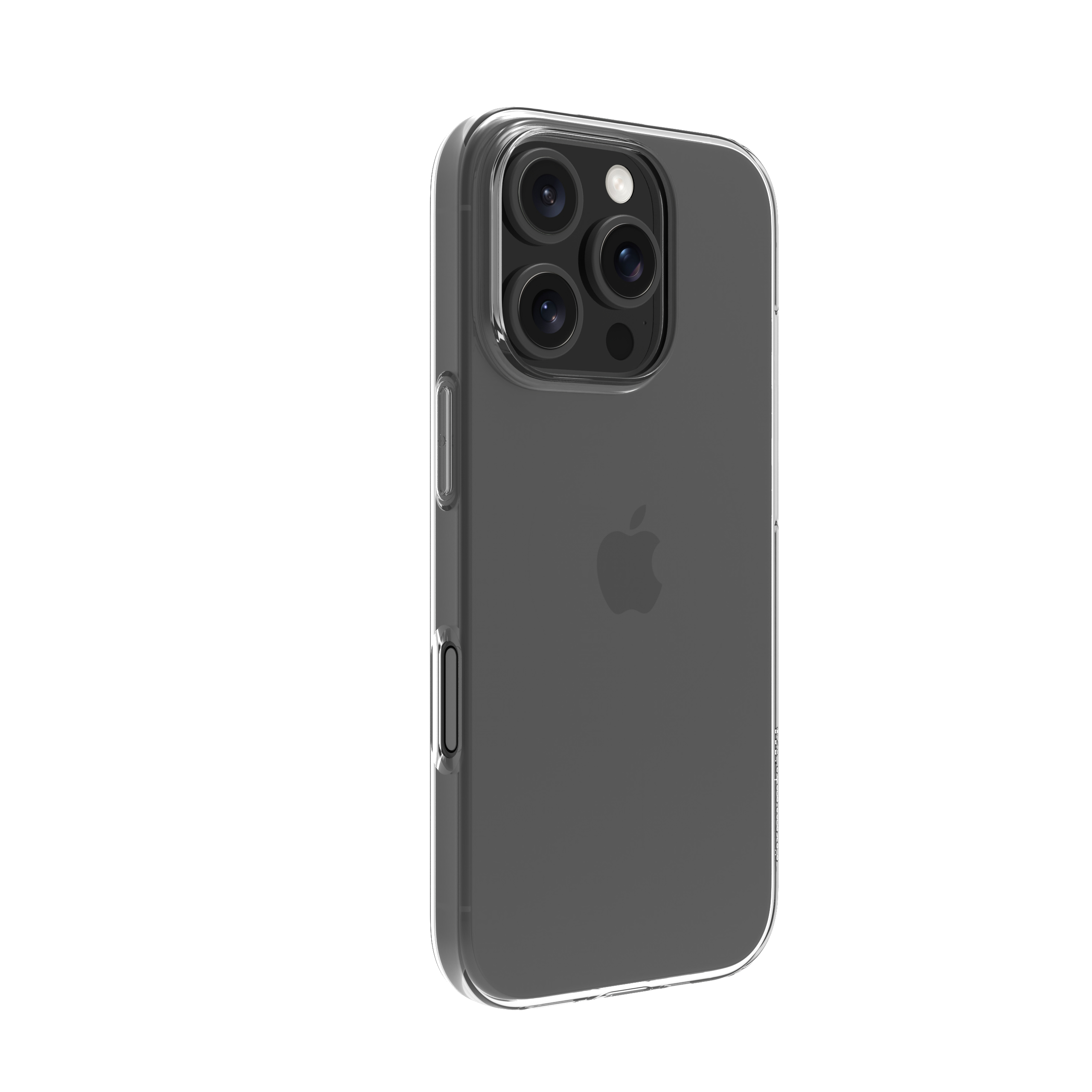 Una custodia trasparente per iPhone viene visualizzata, mostrando la parte posteriore e la fotocamera del telefono. Il logo Apple è visibile.