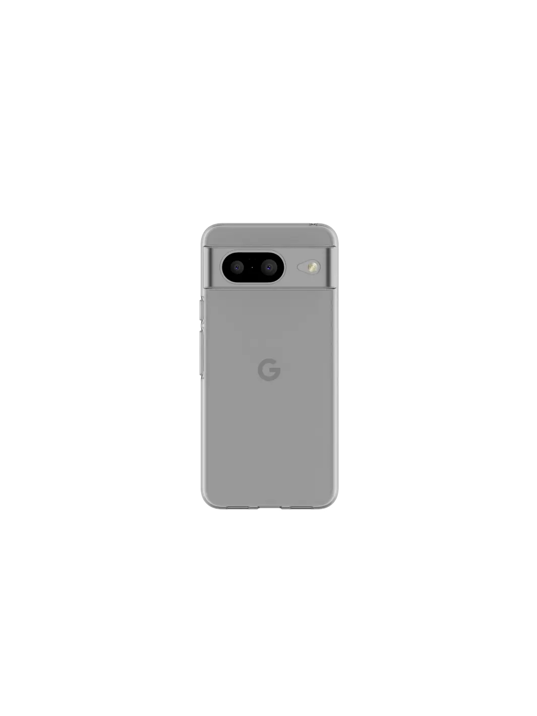 Un telefono Google Pixel grigio è centrato. Ha due fotocamere in alto. Il logo Google è visibile sul retro.