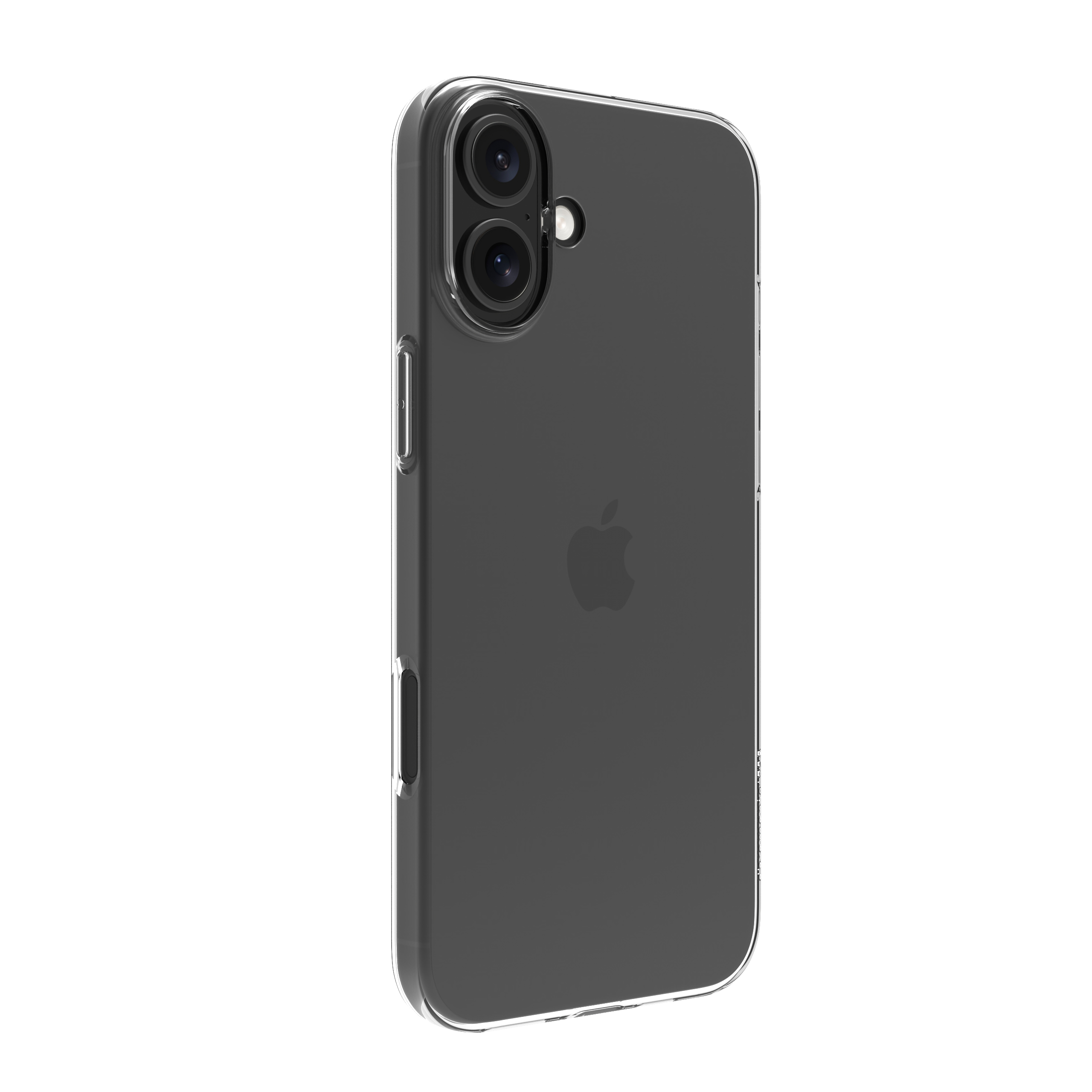 Una custodia trasparente per telefono con un telefono grigio all'interno, che mostra il logo Apple. La custodia ha un ritaglio per la fotocamera.