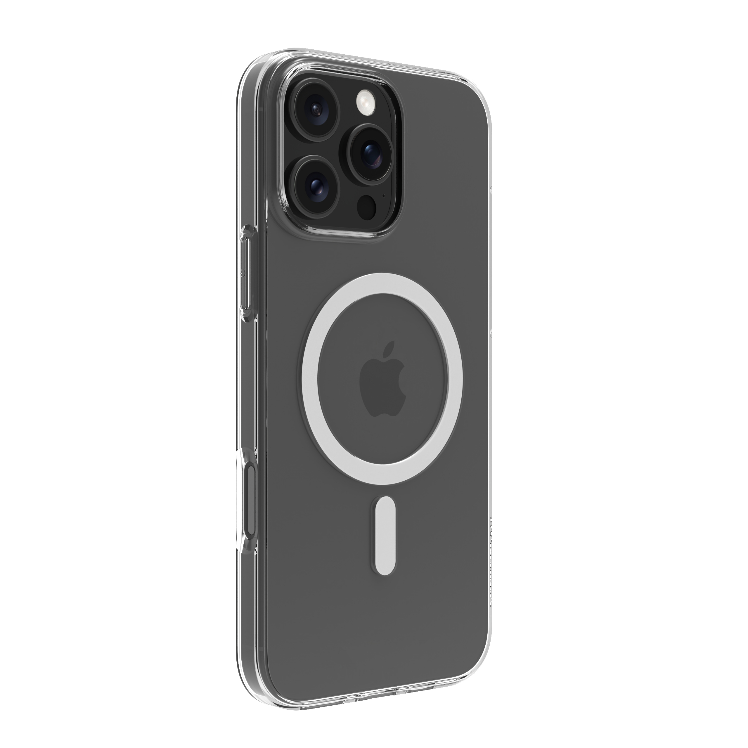 Custodia trasparente per iPhone con retro grigio scuro. Ha un anello MagSafe bianco e il logo Apple.