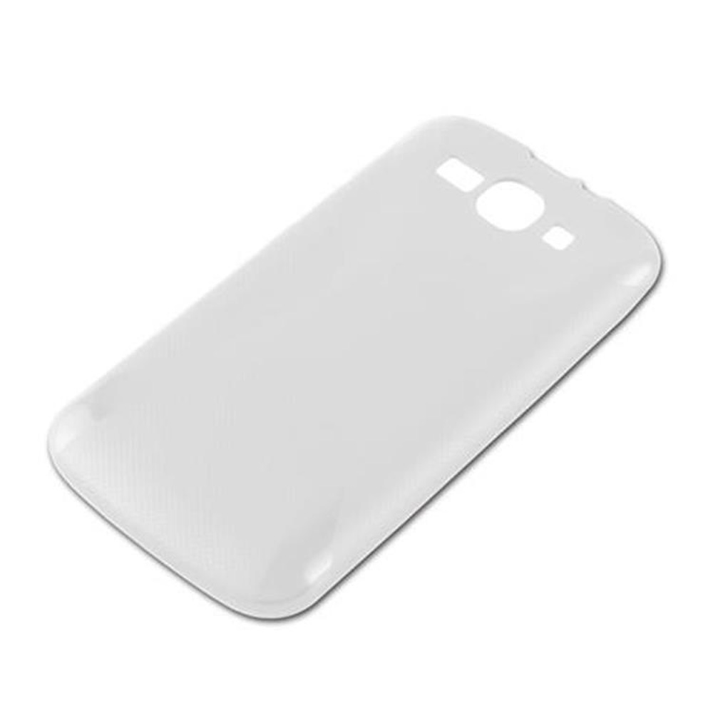 Una cover posteriore bianca e lucida per telefono con aperture per fotocamera, flash e altoparlante. Ha bordi arrotondati e una superficie leggermente strutturata.