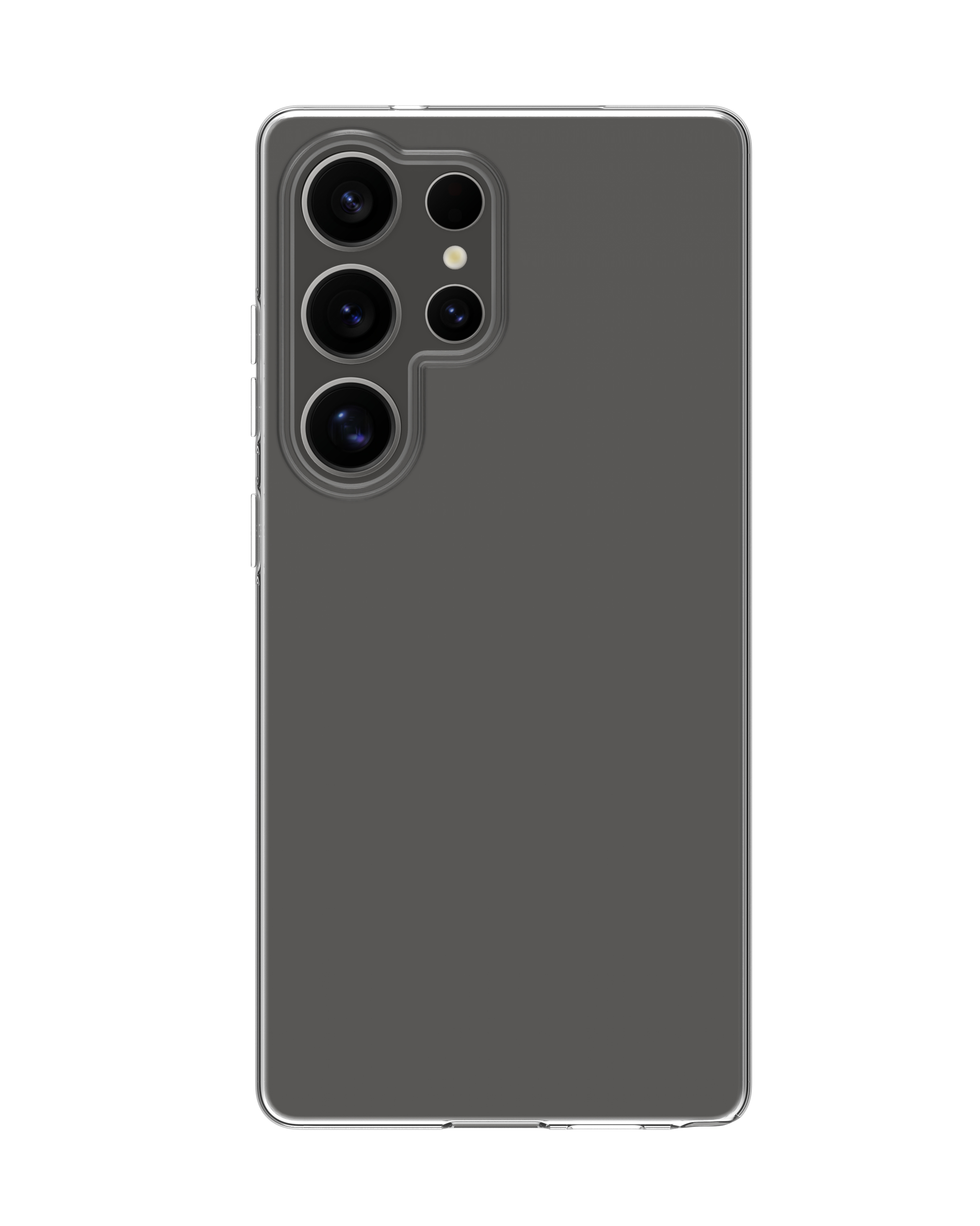 Retro di smartphone grigio con lenti della fotocamera su sfondo bianco. Il telefono ha una custodia trasparente.