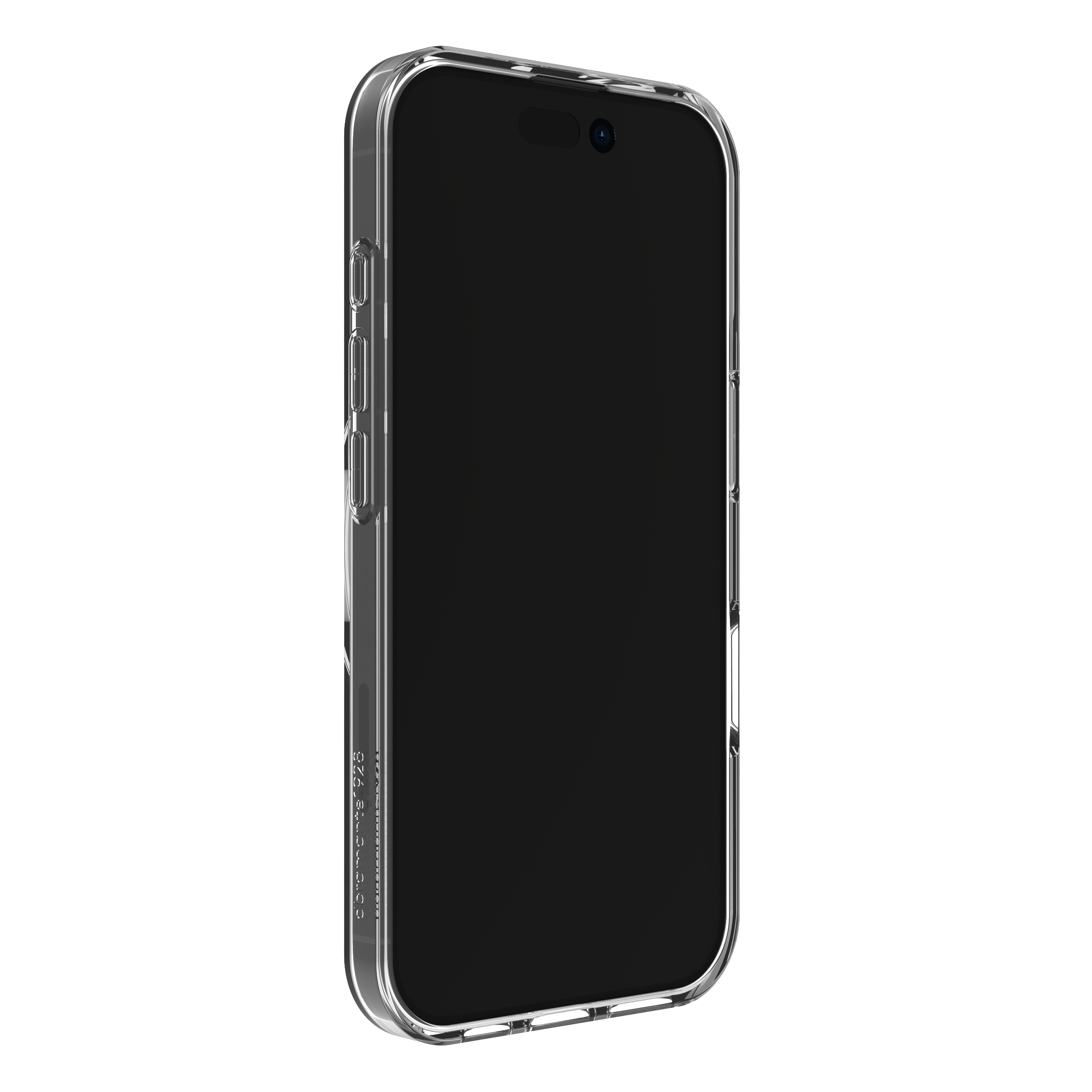Una custodia trasparente per telefono su sfondo bianco. Lo schermo del telefono è nero.