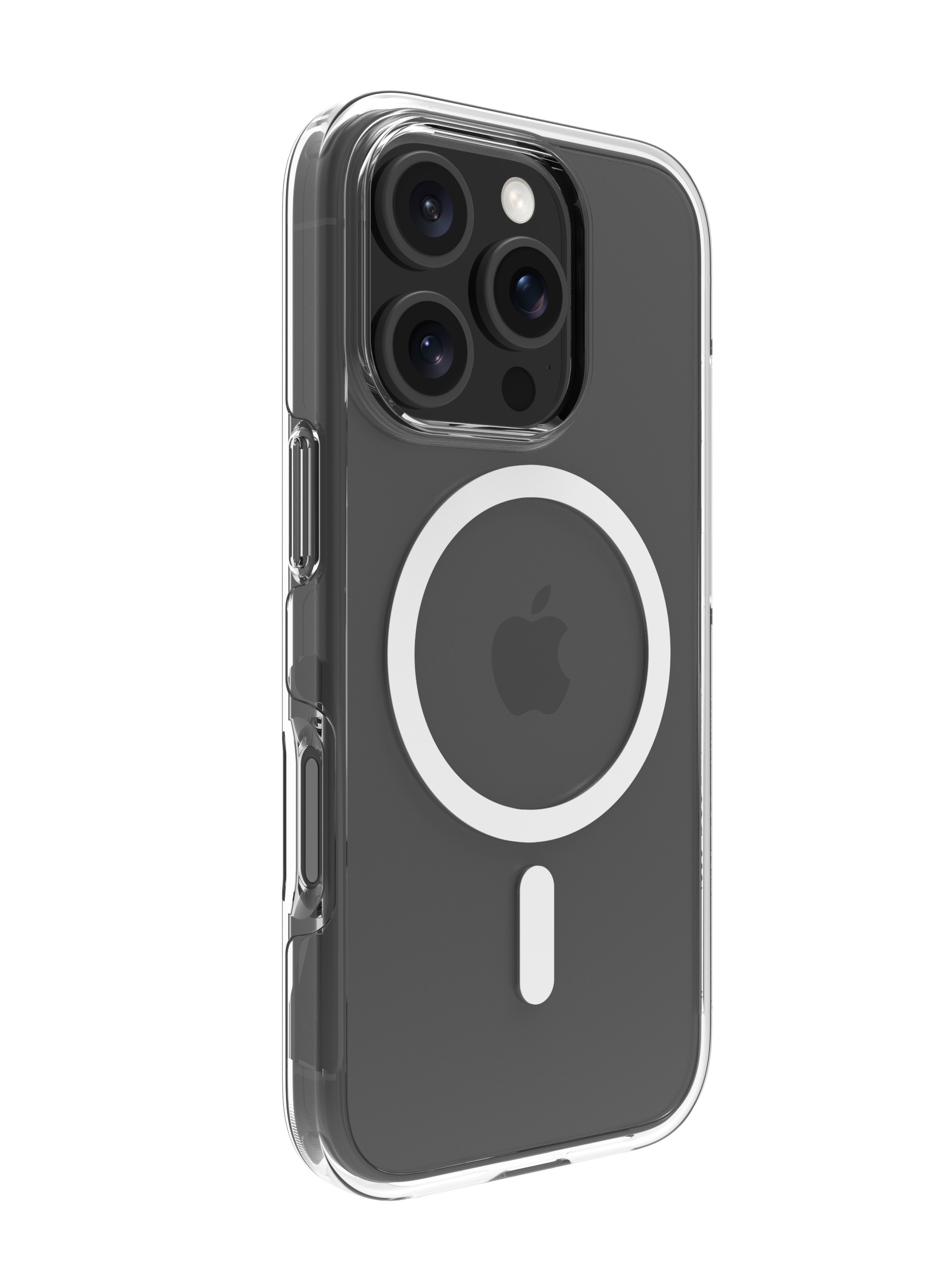 Custodia trasparente per iPhone, mostra il retro del telefono. Caratterizzata da un cerchio MagSafe e una barra bianca. La custodia ha ritagli per la fotocamera.