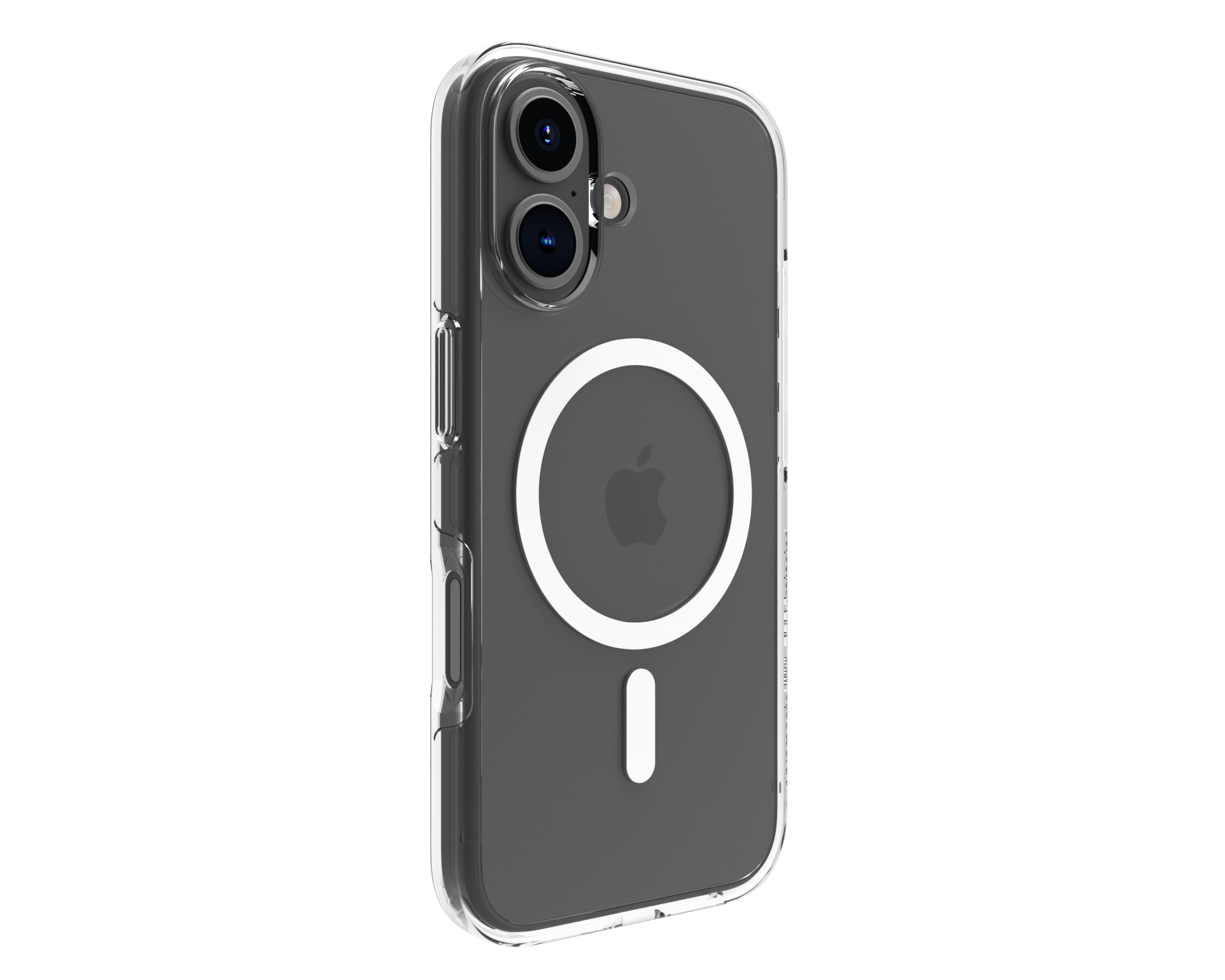 Custodia trasparente per iPhone, mostra il retro del telefono. Anello magnetico bianco e logo Apple. Ritagli per la fotocamera.