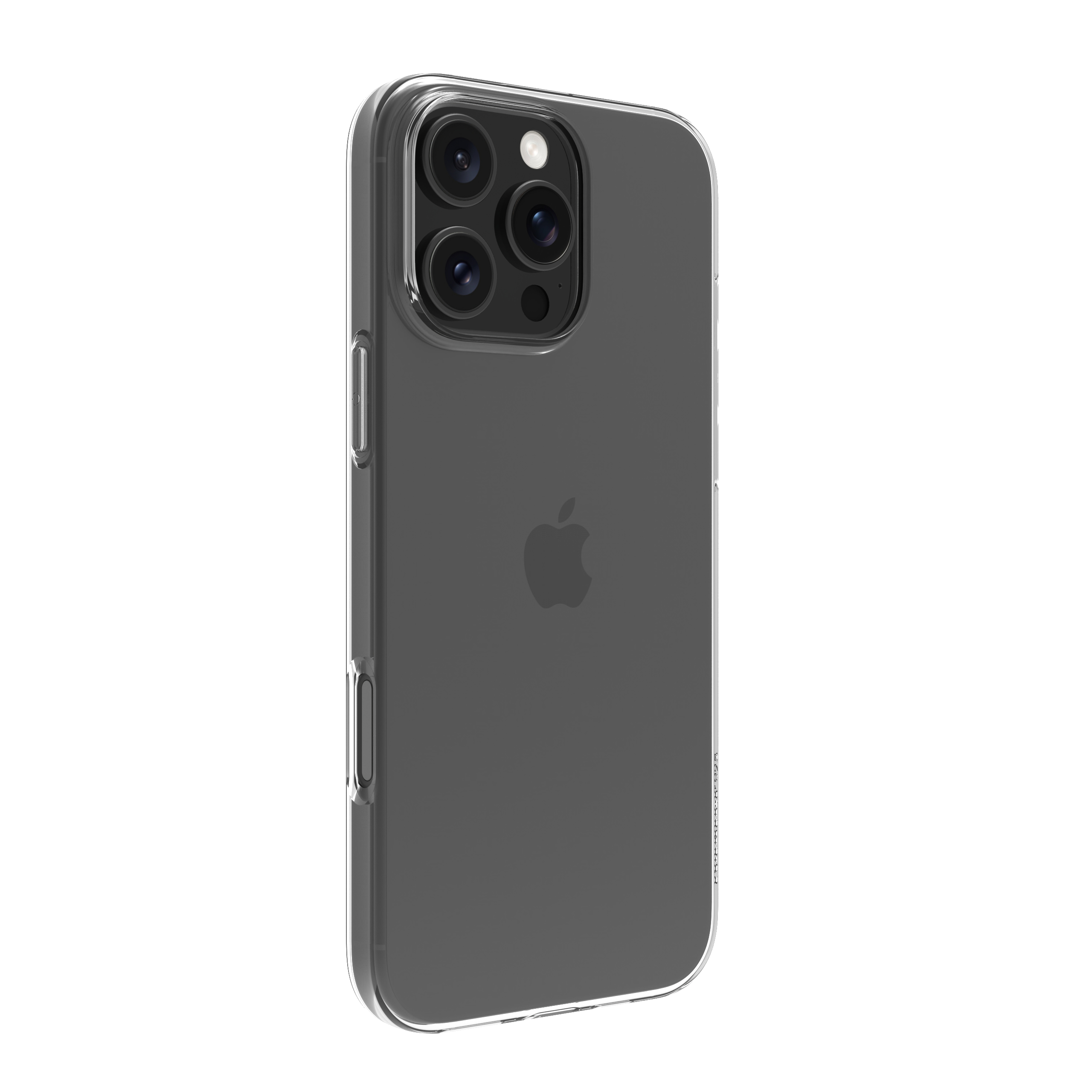 Un iPhone 14 Pro in una custodia trasparente. Il telefono ha tre obiettivi e un logo Apple. La custodia è trasparente.