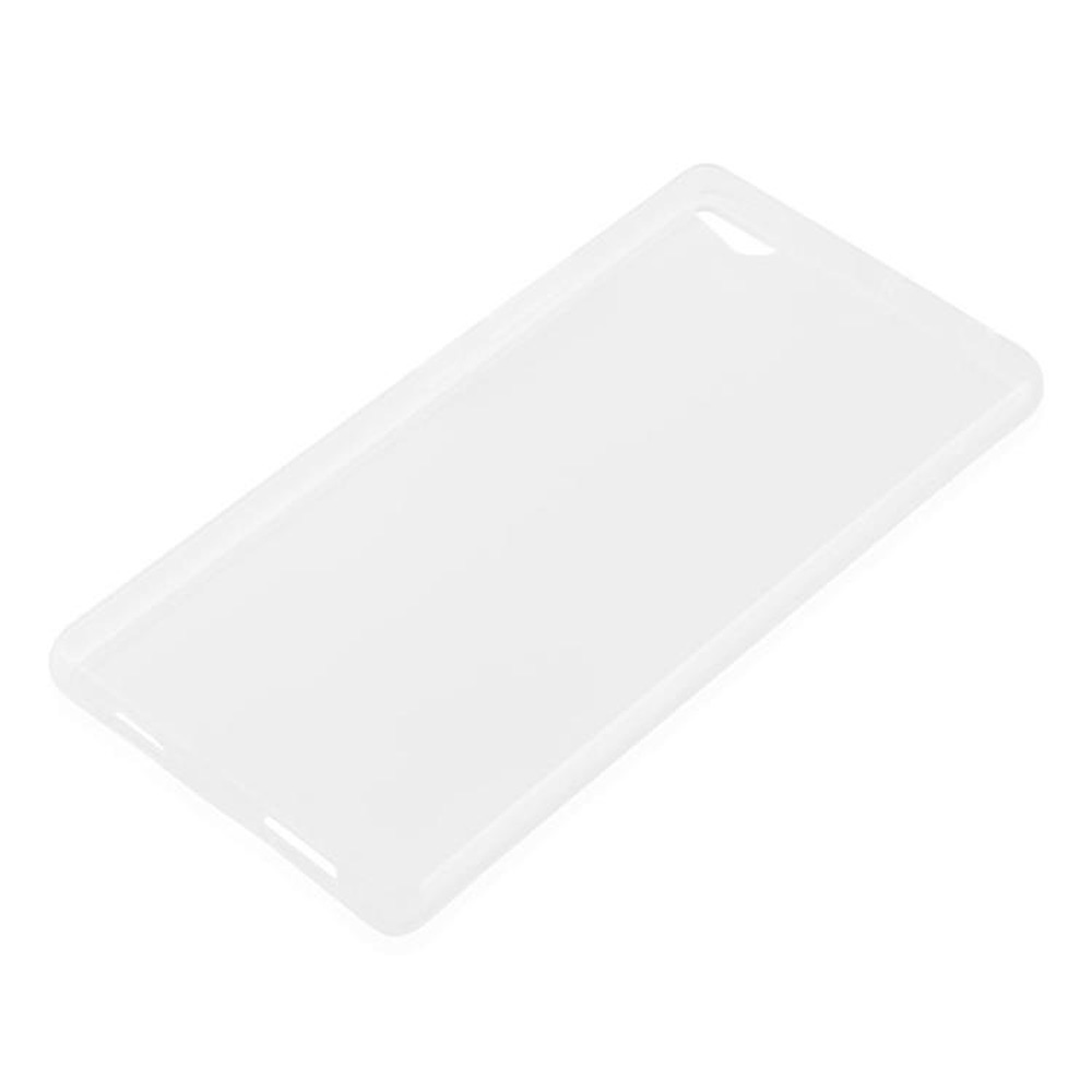 Una funda blanca y rectangular para teléfono con esquinas redondeadas. Tiene recortes para la cámara y los puertos. El fondo es blanco.