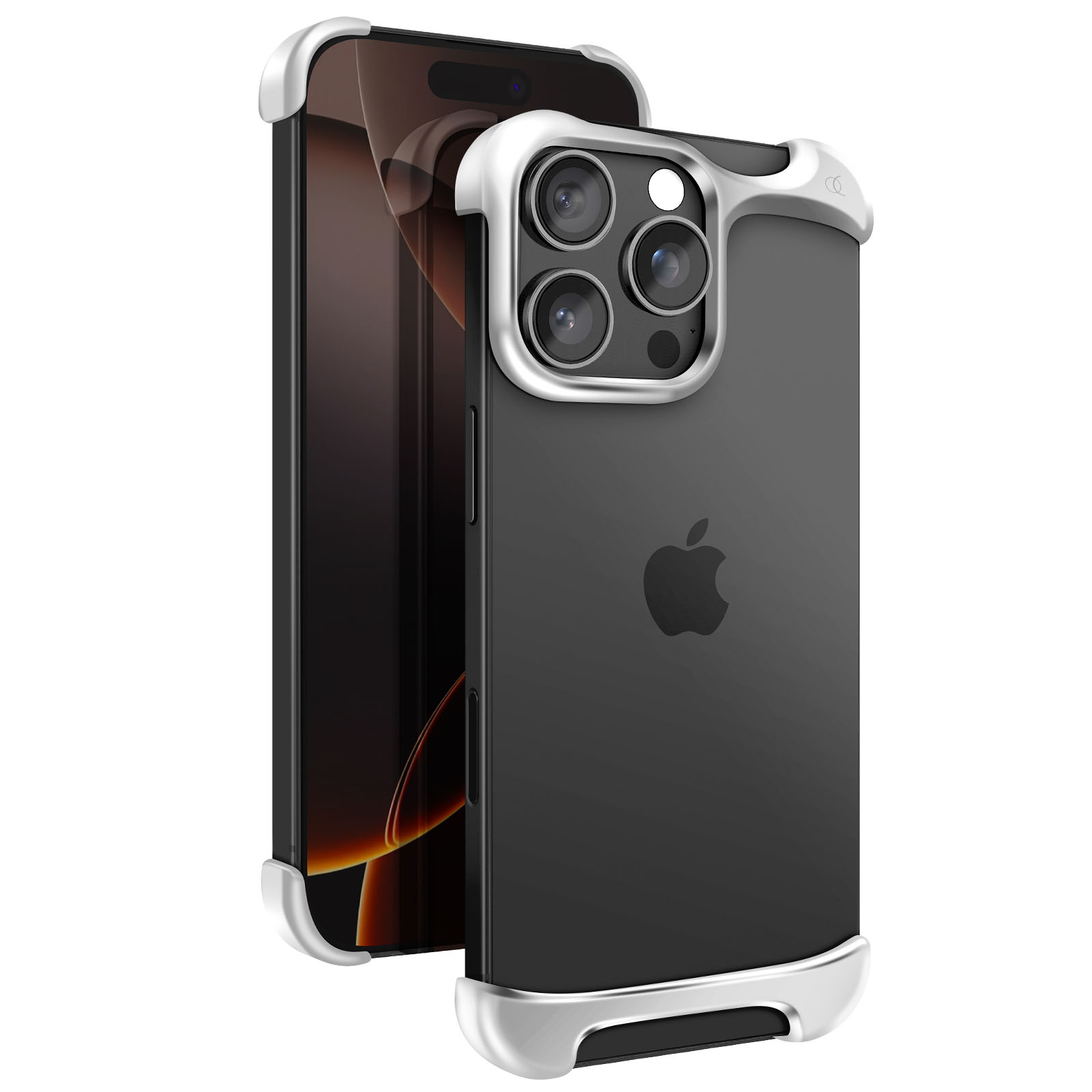 Zwei schwarze iPhones mit silbernen Rahmenhüllen. Eines ist vorne und zeigt die Kameralinsen. Apple-Logo sichtbar.