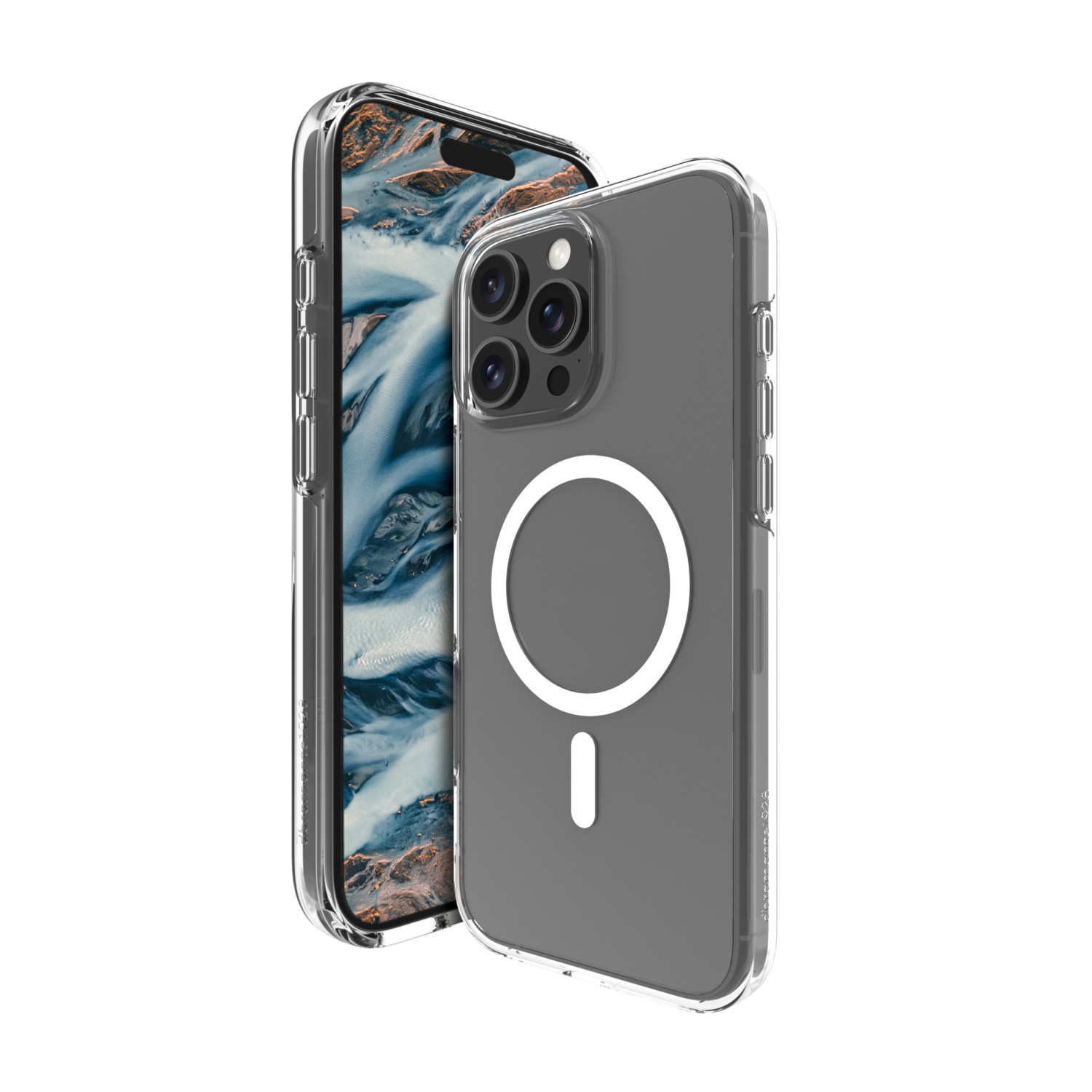 Un iPhone con custodia trasparente. Il telefono è grigio con un cerchio e una linea bianchi sul retro.