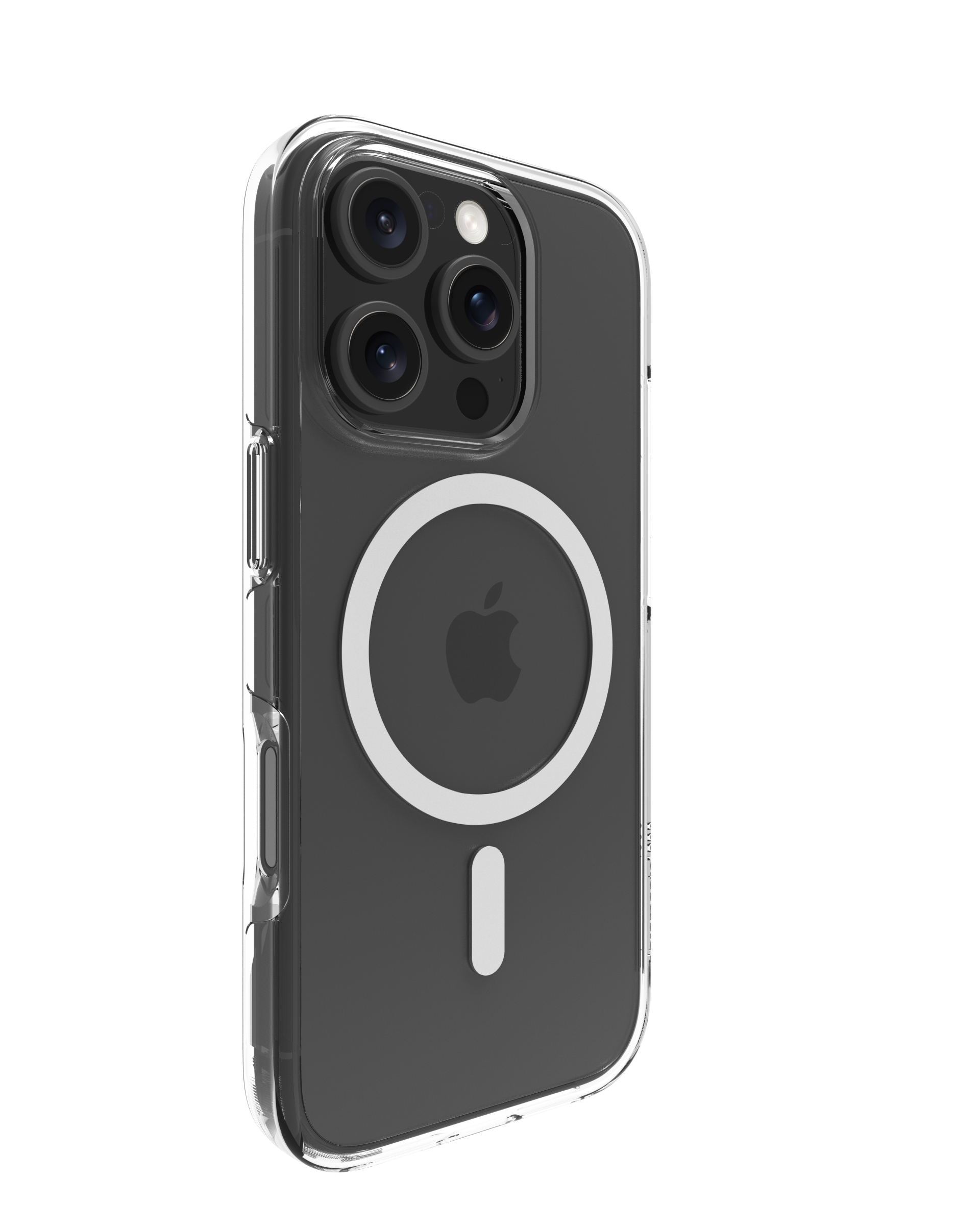 Custodia trasparente per iPhone con telefono nero. Mostra fotocamera e cerchio MagSafe con logo Apple.