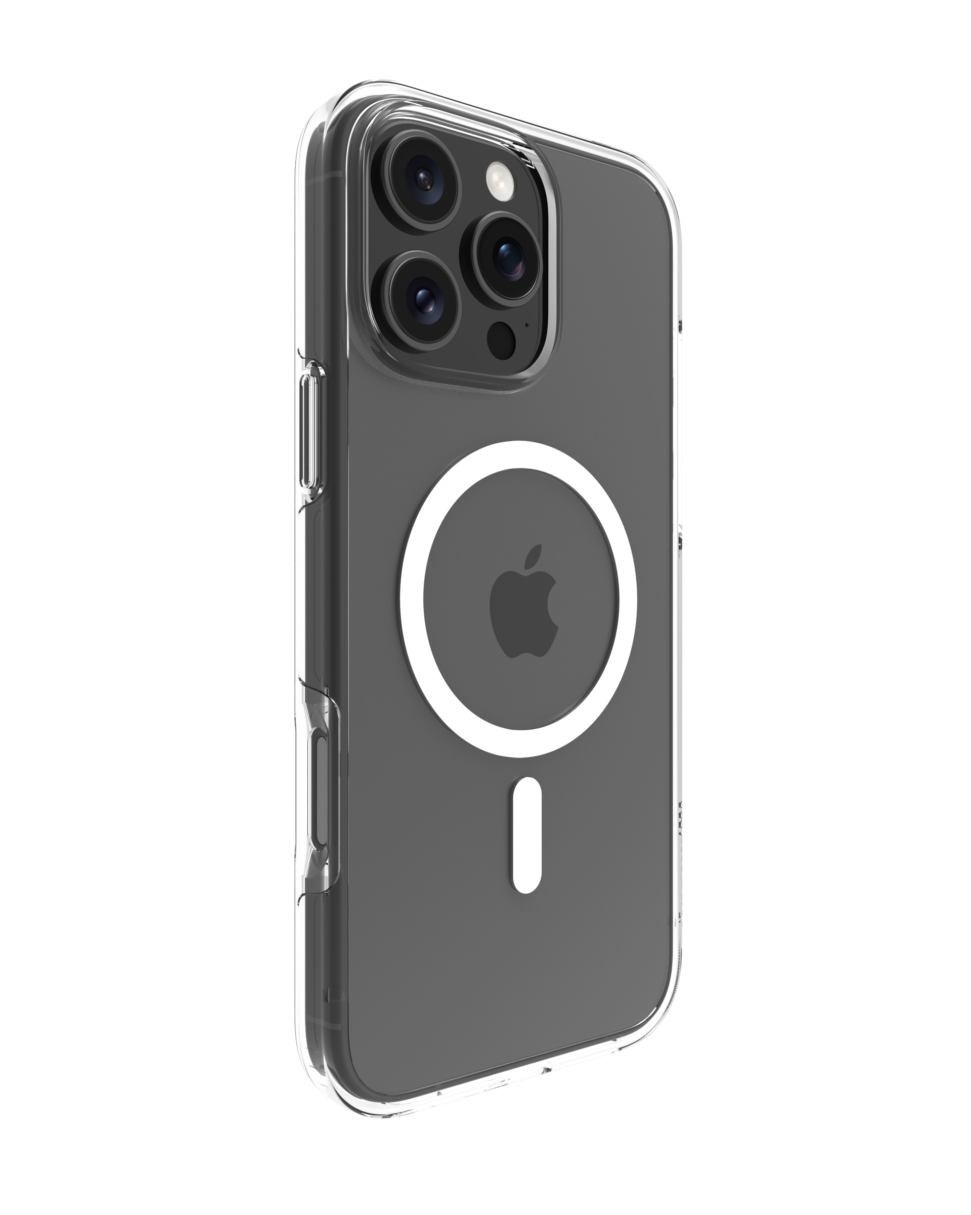 Una custodia trasparente per telefono con interno grigio e logo Apple su sfondo bianco.