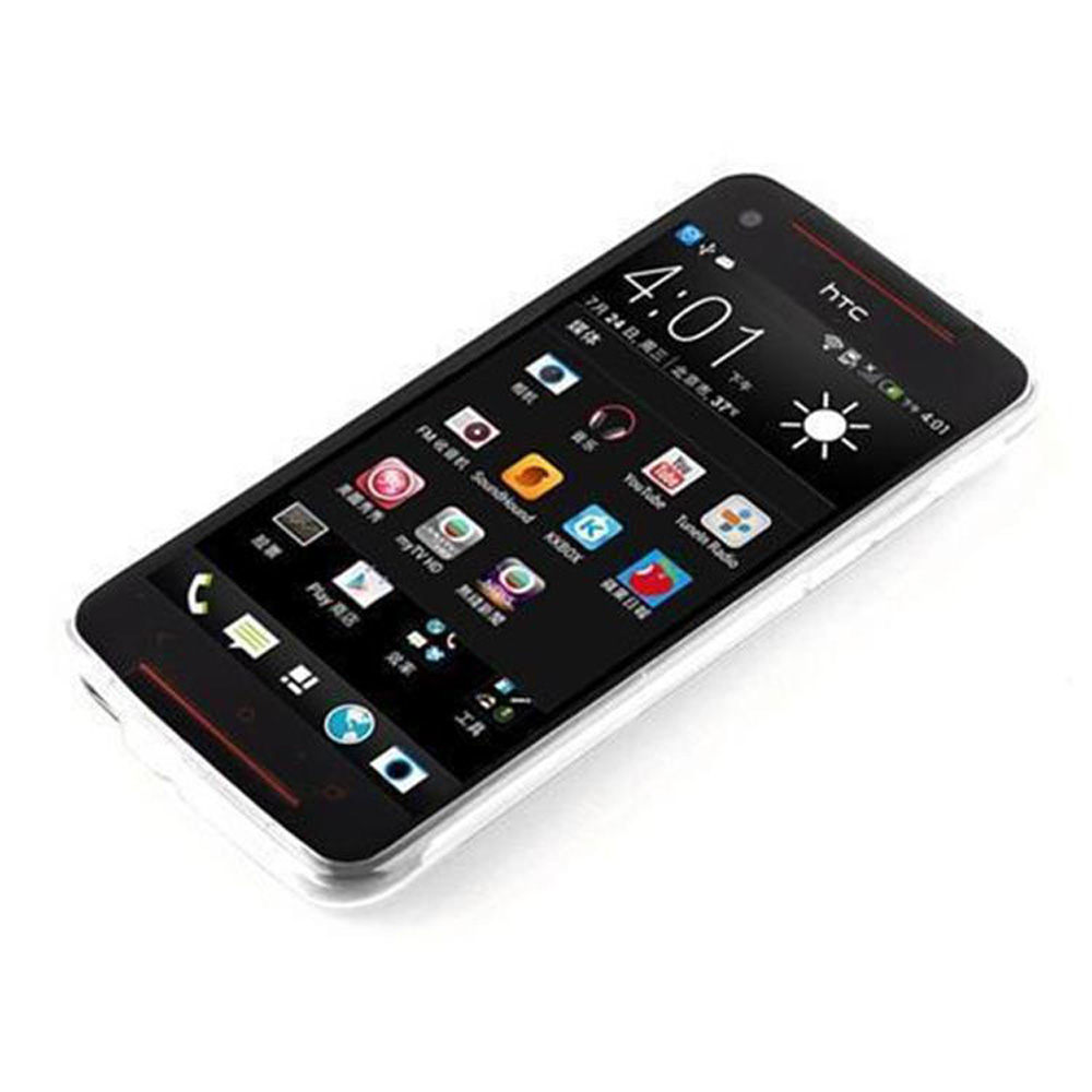 Ein schwarzes HTC-Smartphone zeigt seinen Startbildschirm mit App-Symbolen, Uhrzeit 4:01 und Wetterdetails. Das Telefon ist angewinkelt auf weißer Oberfläche.