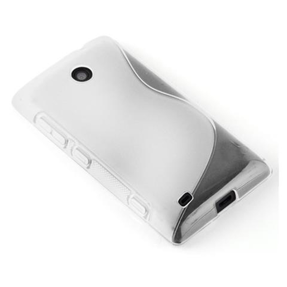 Una custodia trasparente per telefono, angolata su una superficie bianca. Ha un foro per la fotocamera, pulsanti e aperture. Il design include un'onda grigia.