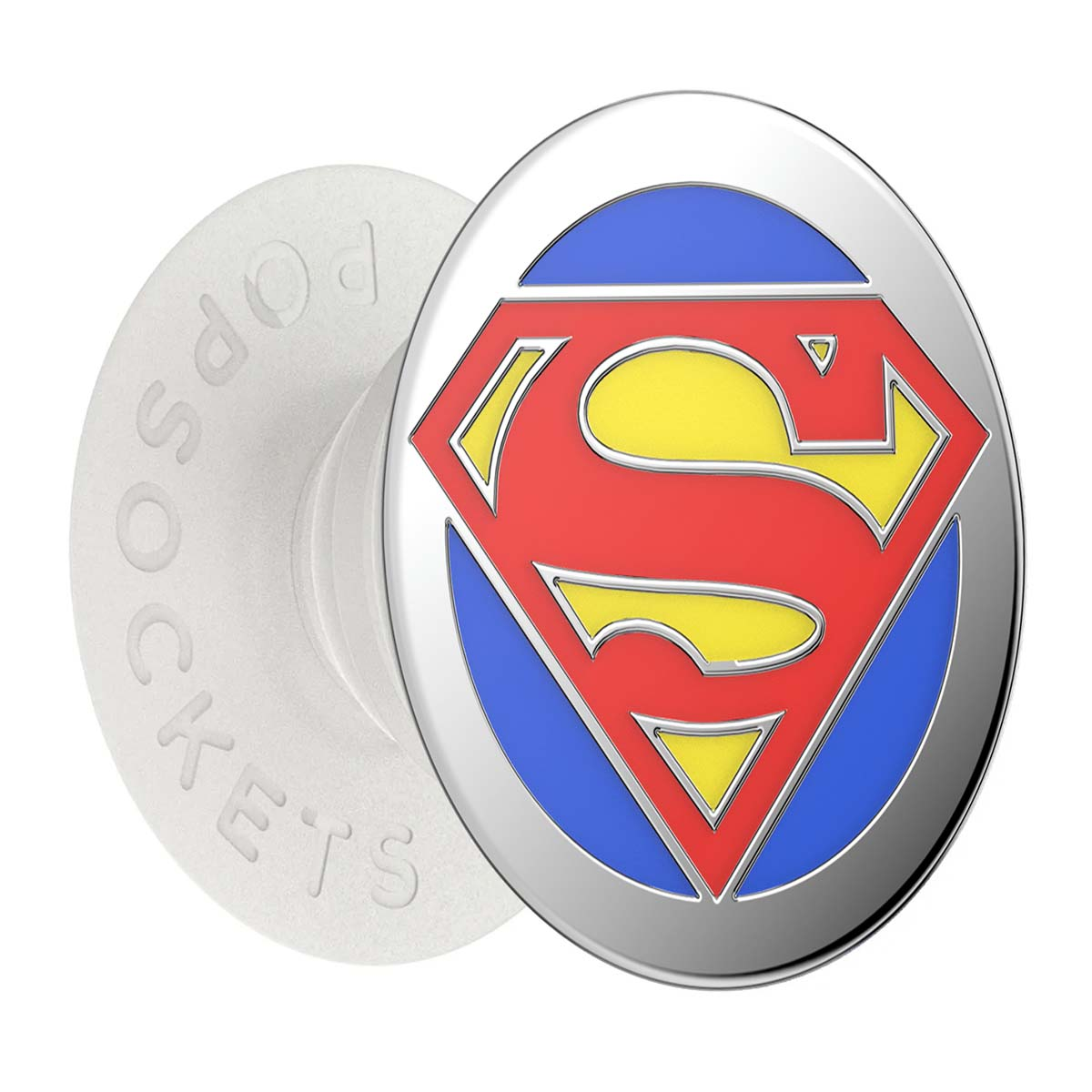 Un PopSocket con il logo di Superman. Il logo è rosso, giallo e blu, su sfondo argentato. Il PopSocket è bianco.