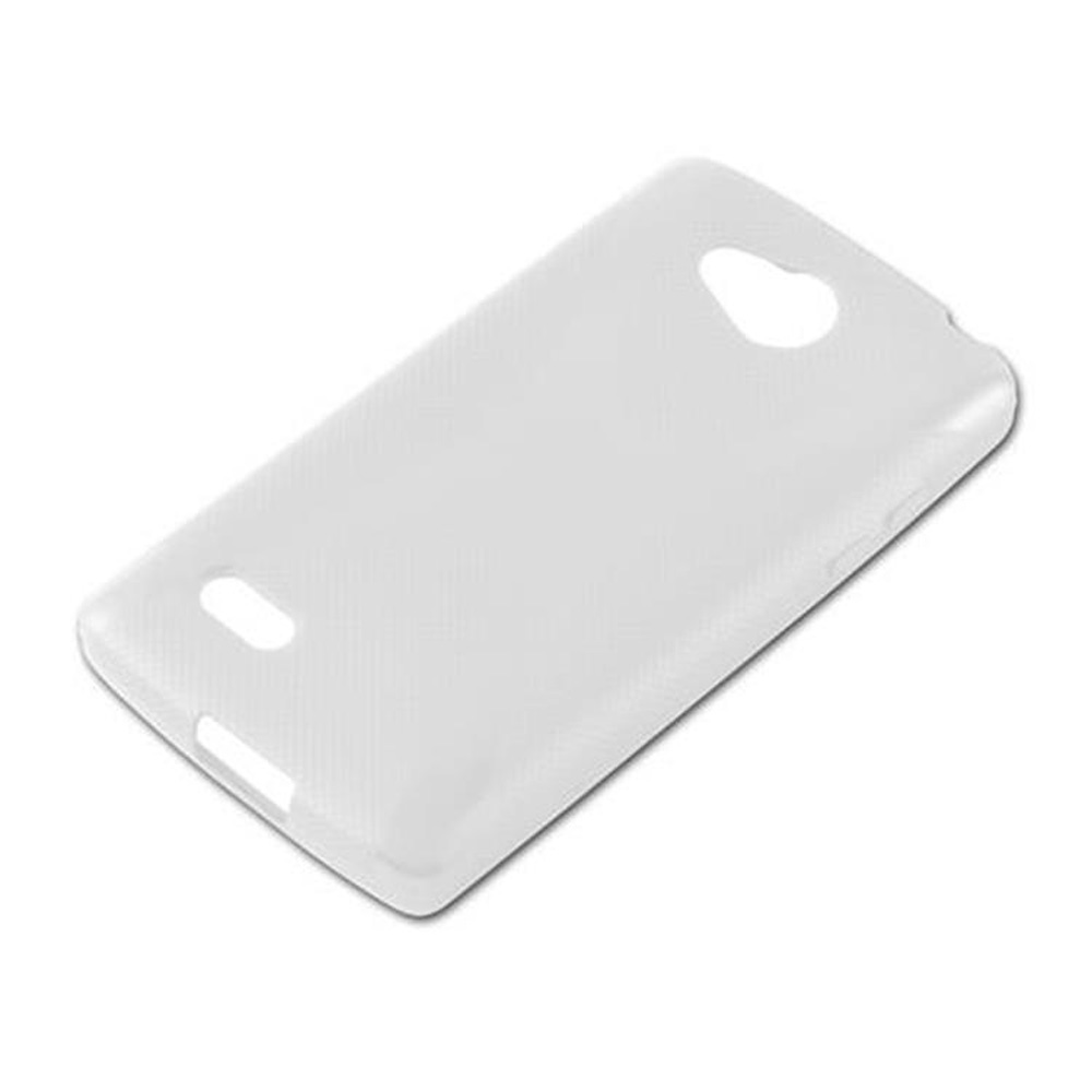 Una custodia bianca per telefono con fori per fotocamera e porte, posizionata diagonalmente su una superficie bianca.