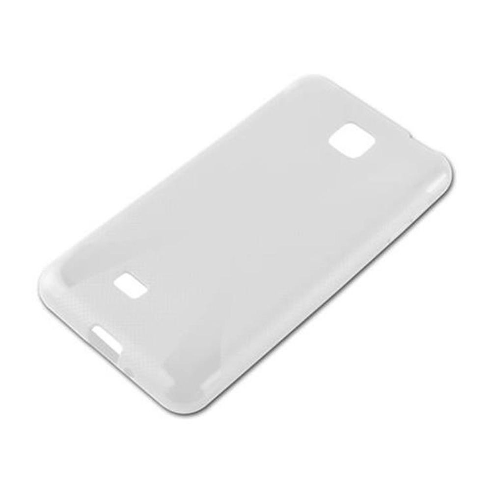 Una custodia bianca per telefono con tre aperture. La custodia è rettangolare con bordi arrotondati, su sfondo bianco.