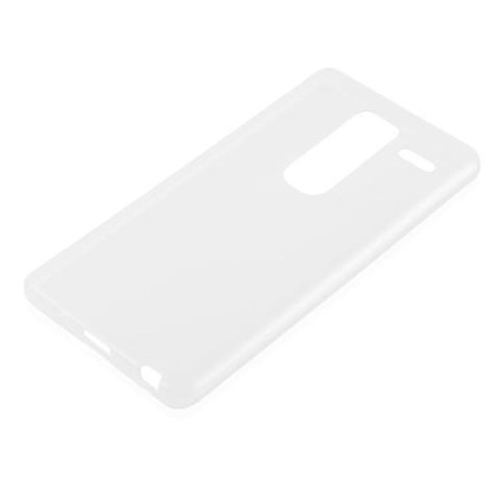 Una custodia bianca per telefono è mostrata ad angolo. Ha ritagli per la fotocamera e altre funzioni.