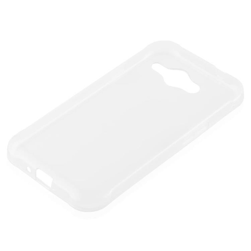 Una custodia per telefono bianca e traslucida con fori per fotocamera e pulsanti, appoggiata su una superficie bianca, leggermente inclinata.